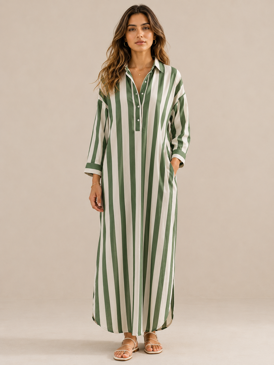 Yrsa | Lässiges gestreiftes Skjorte Boho-Stil Maxi-Kjole