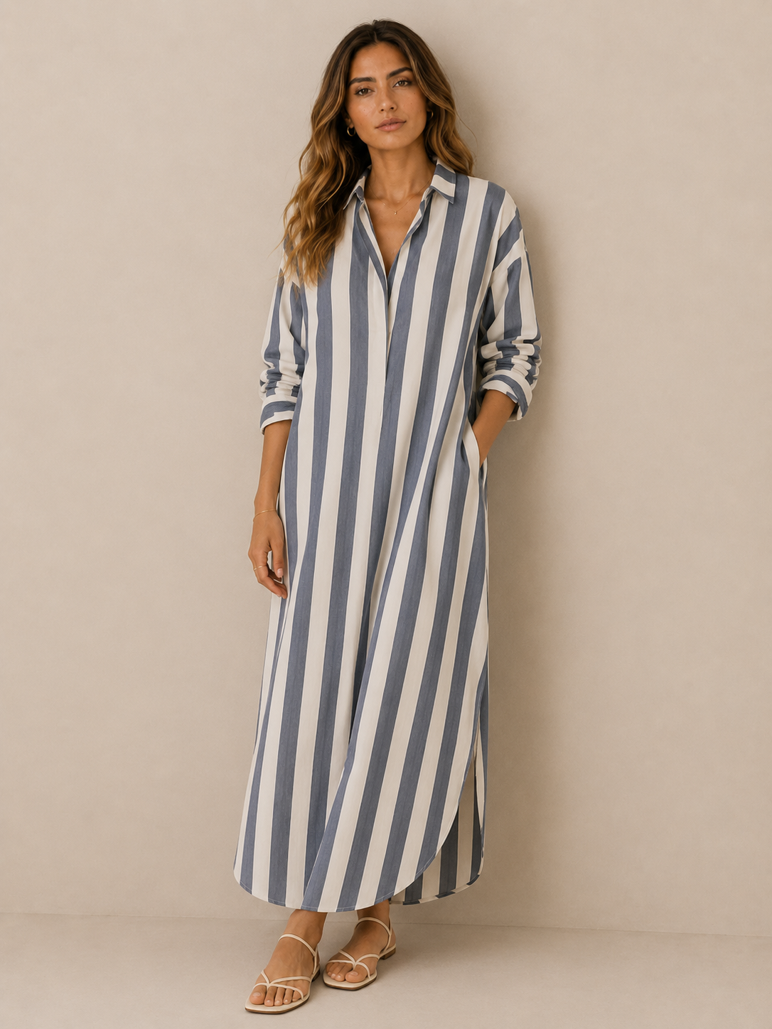 Yrsa | Lässiges gestreiftes Skjorte Boho-Stil Maxi-Kjole