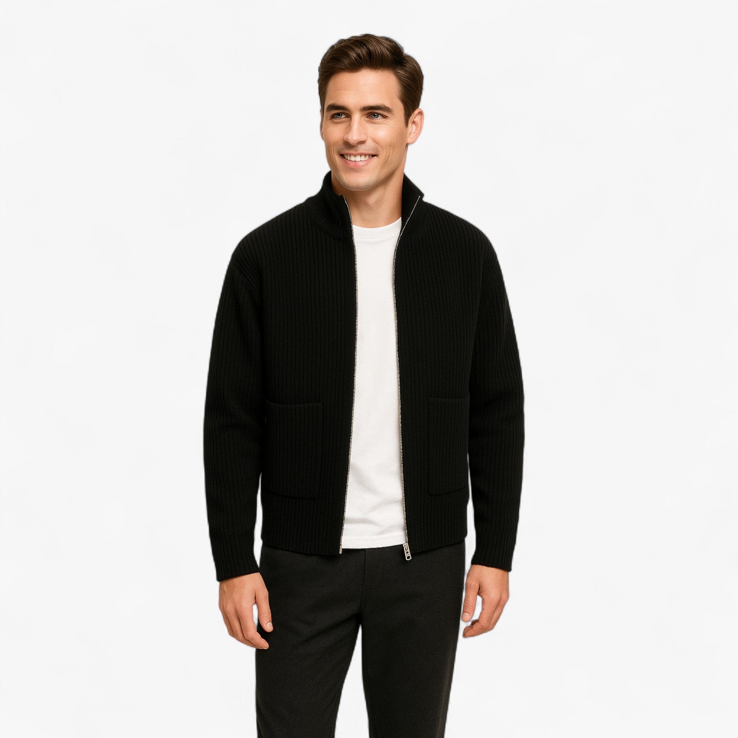 Luca | Herre Striktrøje med Fuld Lynlås - - Herresweatre - {{ product_tags }