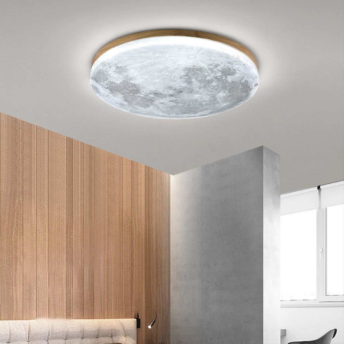 Moderne Måne Loftlampe – 3D Mådesign med Trærramme