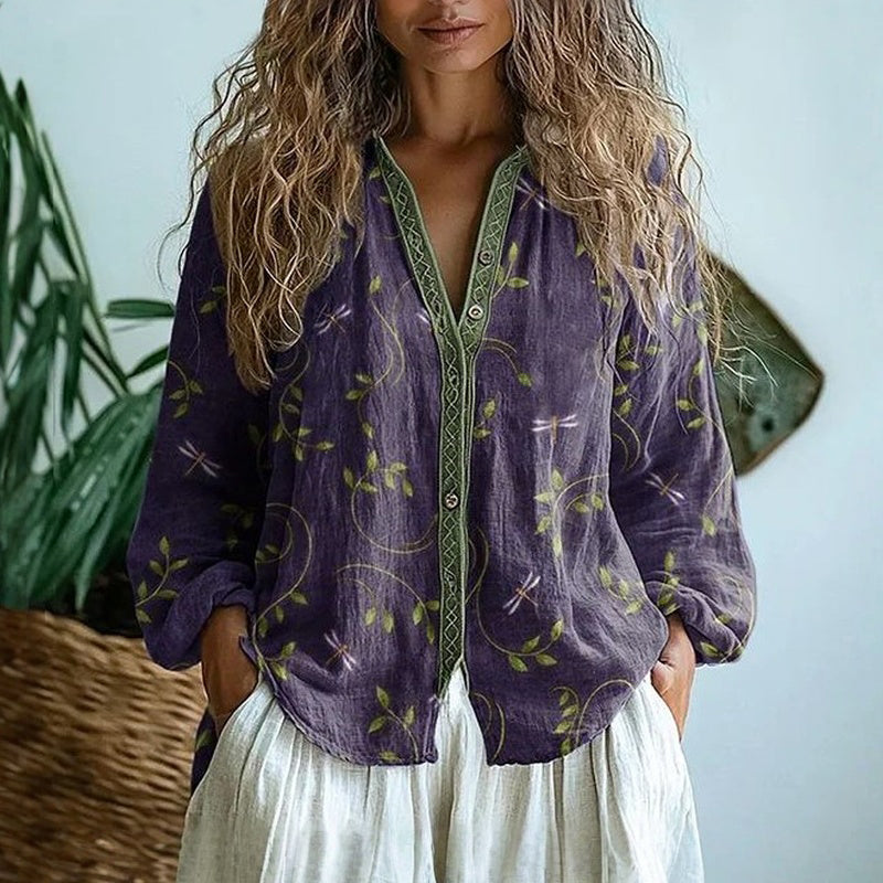 Kvinde Hørbluse med Boho Blomsterprint og V-udskæring - Lilla - Kvinder Toppe - {{ product_tags }