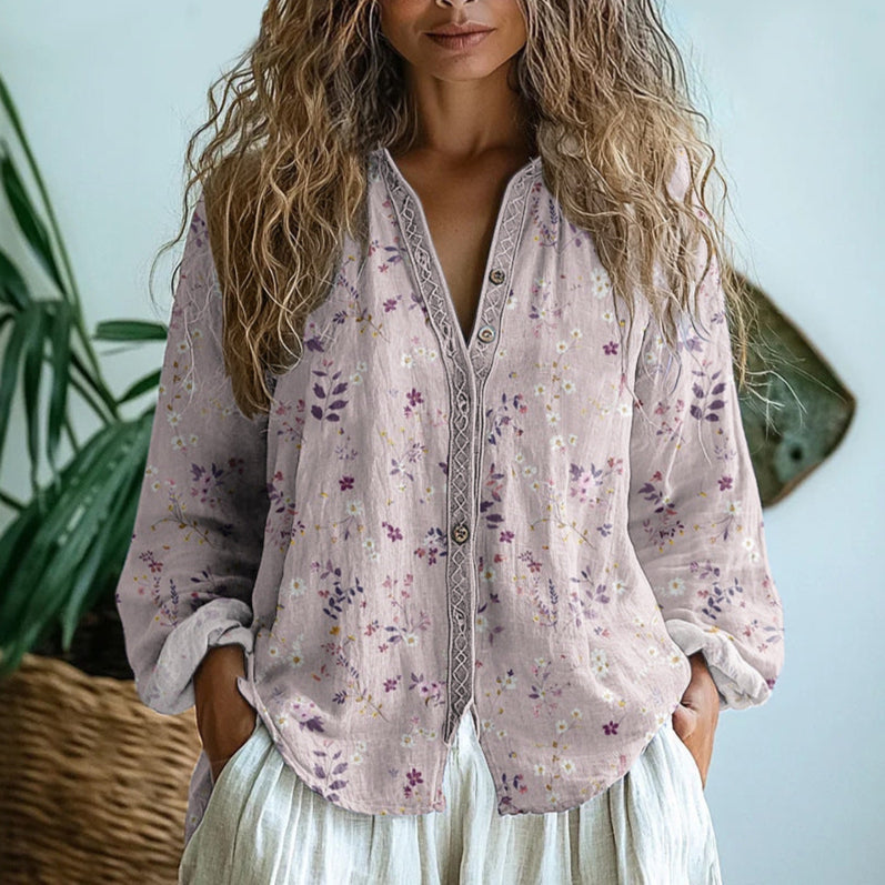 Kvinde Hørbluse med Boho Blomsterprint og V-udskæring - Rosa - Kvinder Toppe - {{ product_tags }