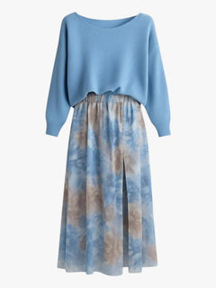 Lyra | Kvinders Blå Sweater og Blomster Nederdel