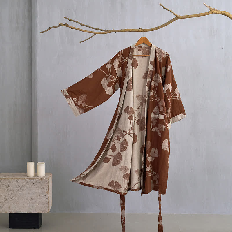 Bomuld Kimono Badekåbe med Vendbart Bladmønster - Kaffe & Beige - Kleding en accessoires > Kleding > Nachtkleding en loungewear > Kamerjassen - {{ product_tags }