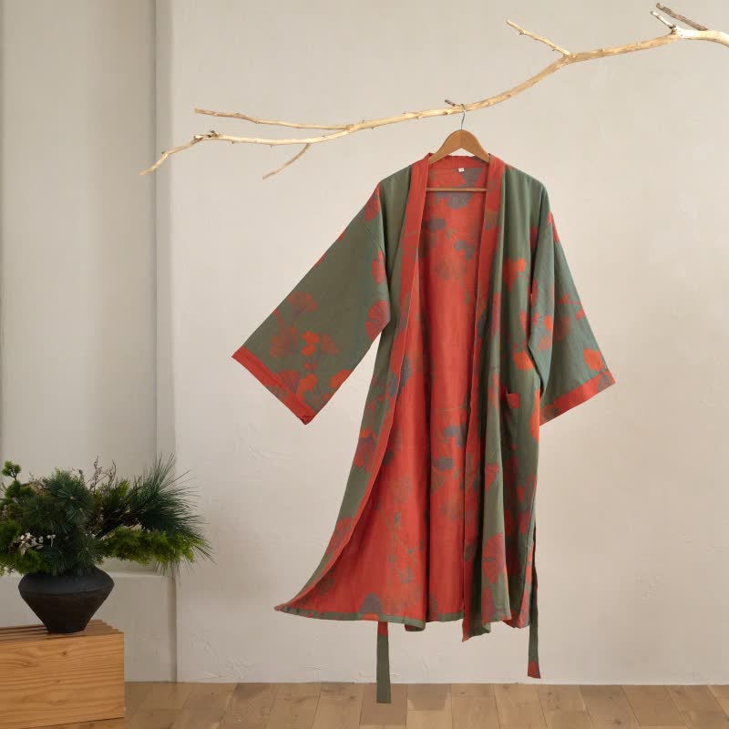 Bomuld Kimono Badekåbe med Vendbart Bladmønster - Grøn & Orange - Kleding en accessoires > Kleding > Nachtkleding en loungewear > Kamerjassen - {{ product_tags }