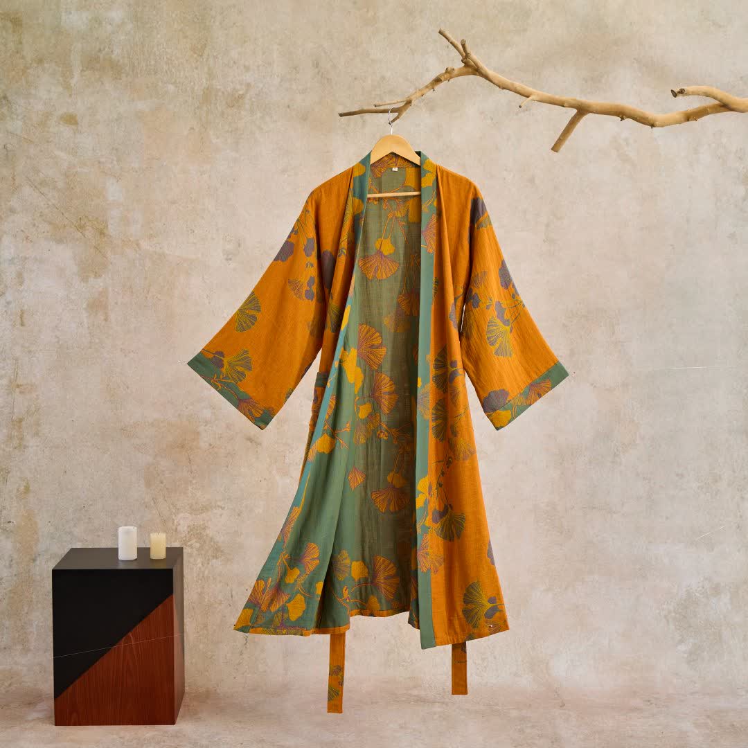 Bomuld Kimono Badekåbe med Vendbart Bladmønster - Gul & Grøn - Kleding en accessoires > Kleding > Nachtkleding en loungewear > Kamerjassen - {{ product_tags }