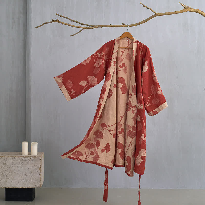 Bomuld Kimono Badekåbe med Vendbart Bladmønster - Rød & Nude - Kleding en accessoires > Kleding > Nachtkleding en loungewear > Kamerjassen - {{ product_tags }