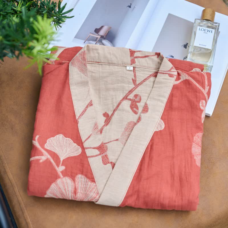 Bomuld Kimono Badekåbe med Vendbart Bladmønster - - Kleding en accessoires > Kleding > Nachtkleding en loungewear > Kamerjassen - {{ product_tags }
