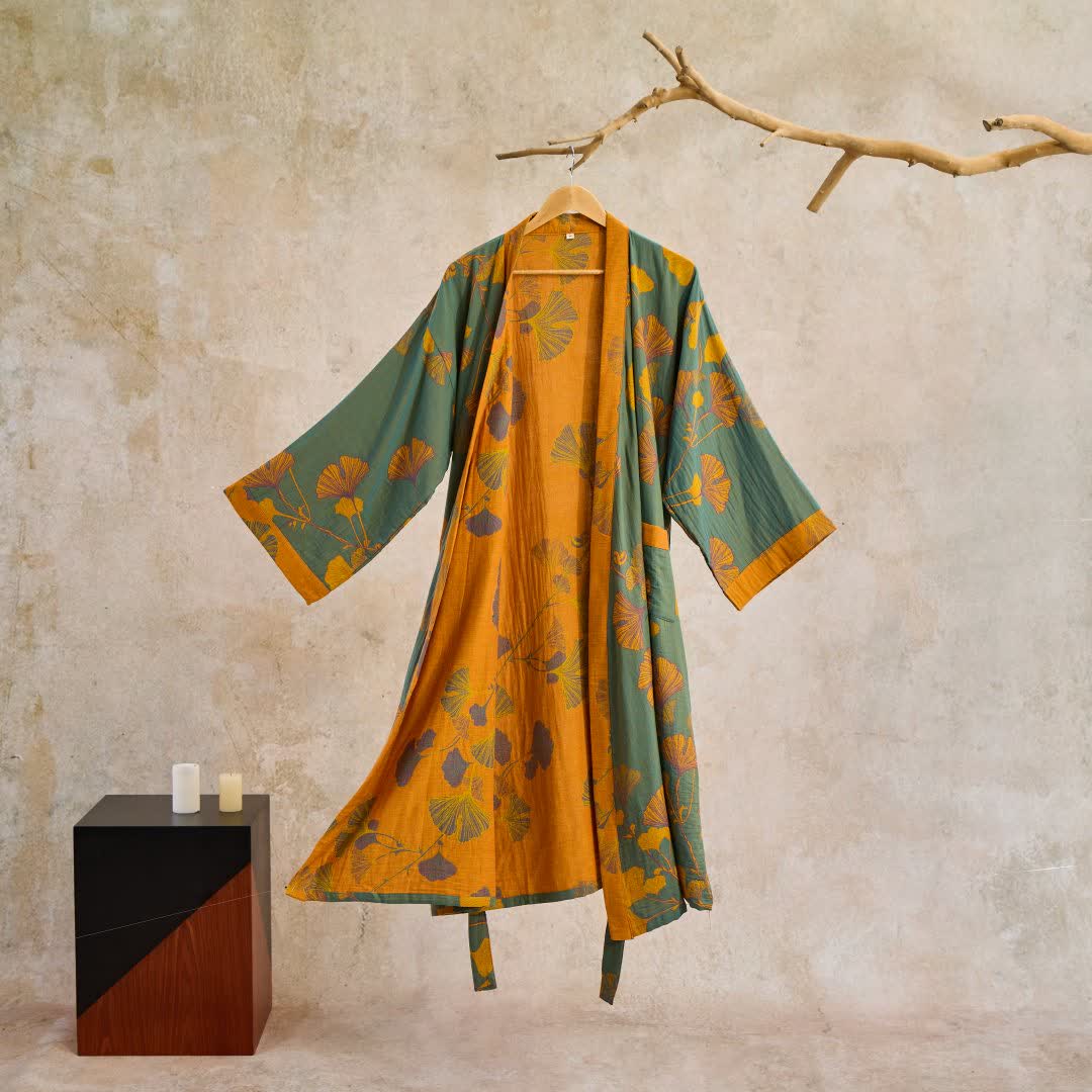 Bomuld Kimono Badekåbe med Vendbart Bladmønster - Grøn & Gul - Kleding en accessoires > Kleding > Nachtkleding en loungewear > Kamerjassen - {{ product_tags }