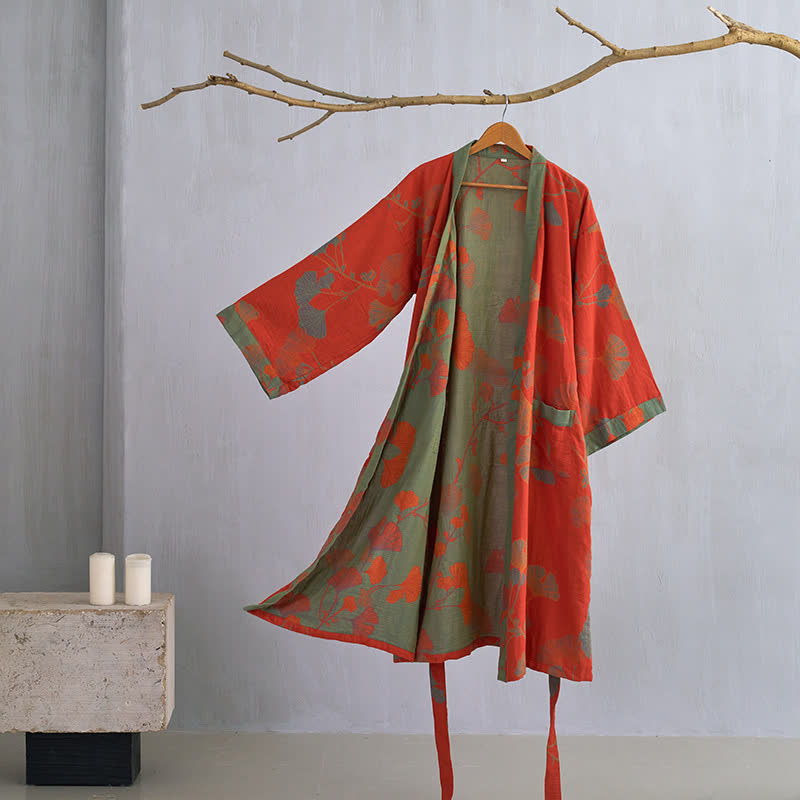 Bomuld Kimono Badekåbe med Vendbart Bladmønster - Orange & Grøn - Kleding en accessoires > Kleding > Nachtkleding en loungewear > Kamerjassen - {{ product_tags }