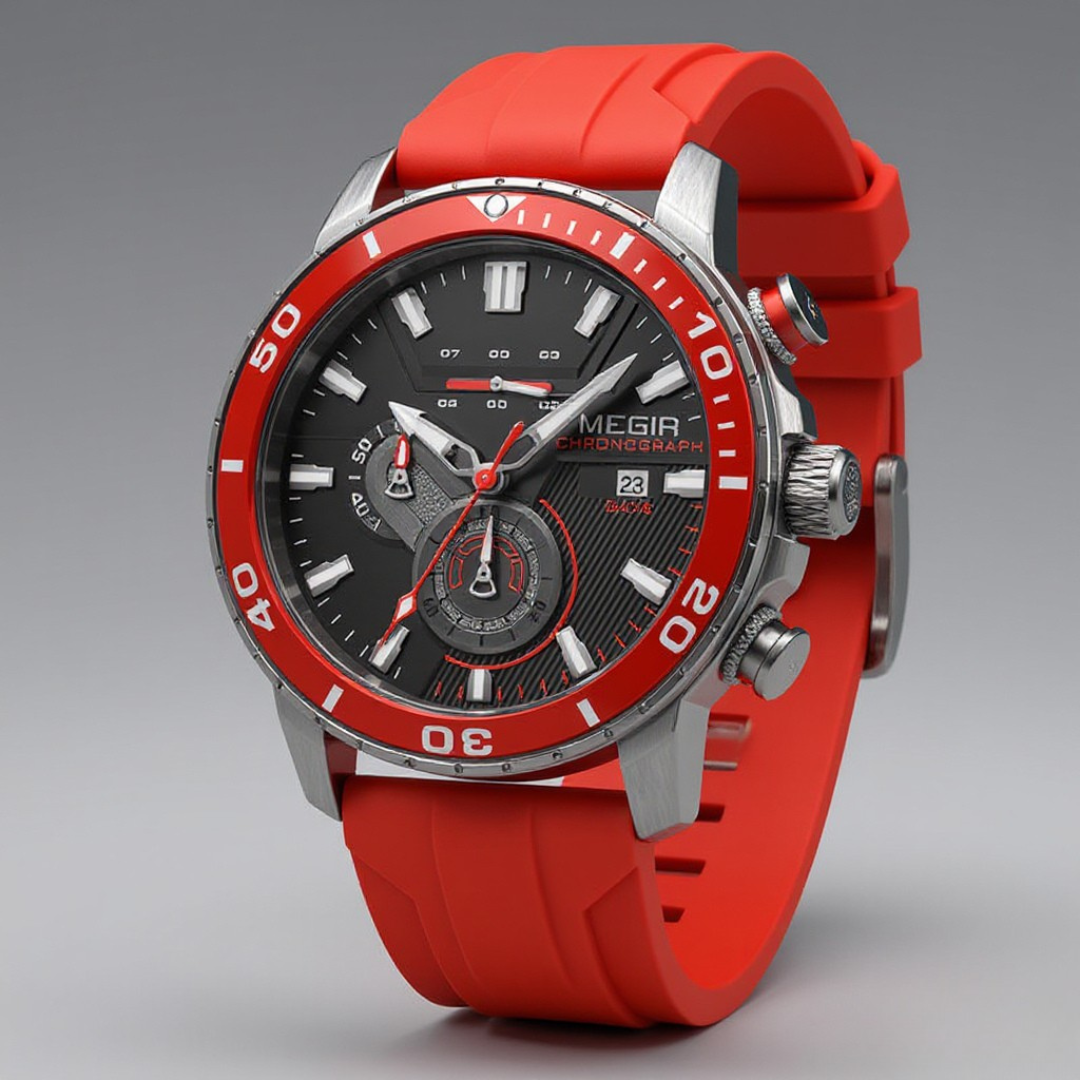 Herreur med kronograf, 44mm - Keramisk krans og silikonrem - Karmosinrød - - {{ product_tags }