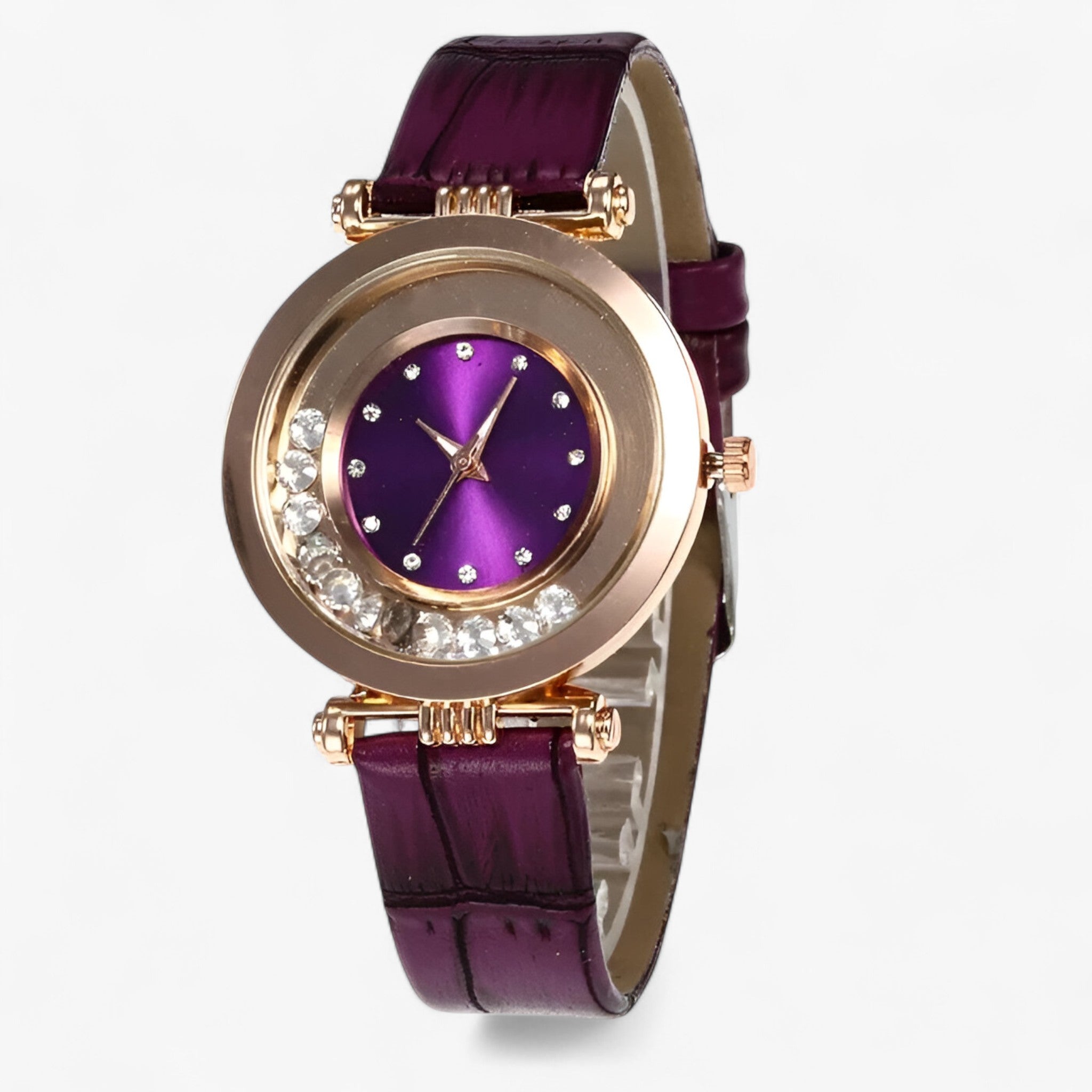 Bozena | Elegant dameur med læderrem og rhinstensspænde - Lilla - watches - {{ product_tags }