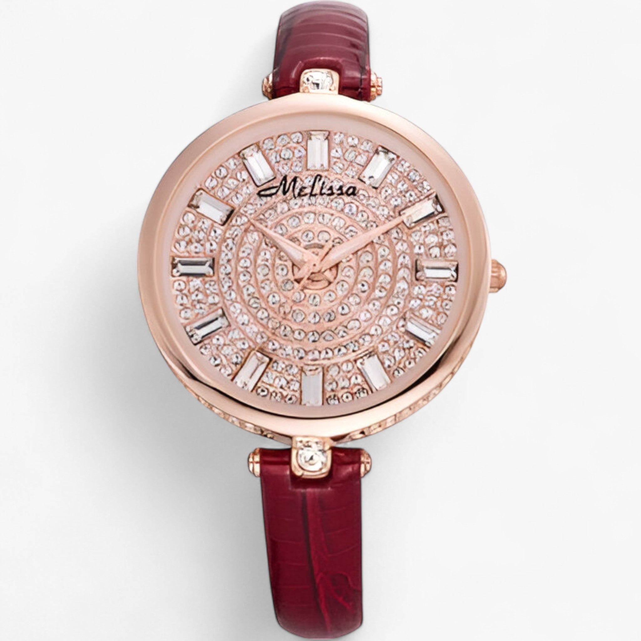 Melissa | Luksus quartz ur med læderrem og krystaller - Rød - watches - {{ product_tags }
