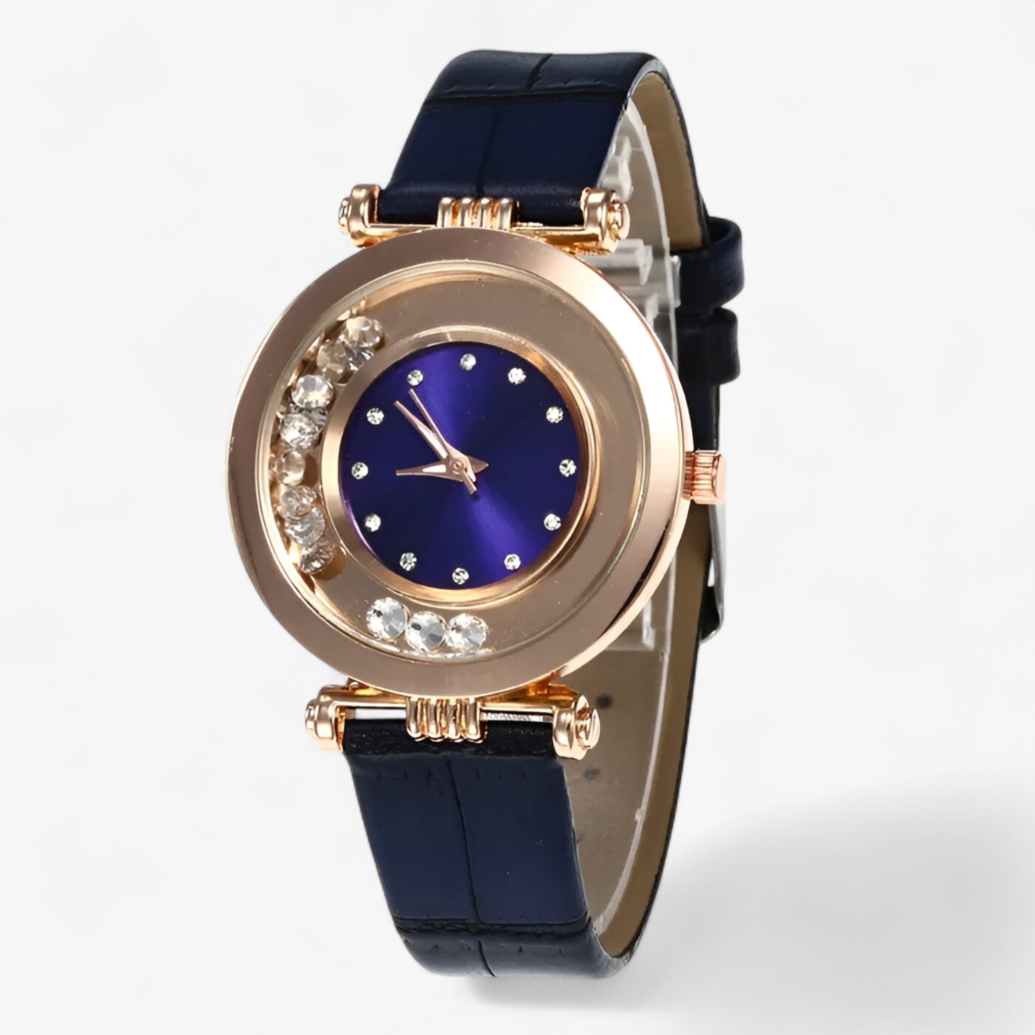 Bozena | Elegant dameur med læderrem og rhinstensspænde - Blå - watches - {{ product_tags }