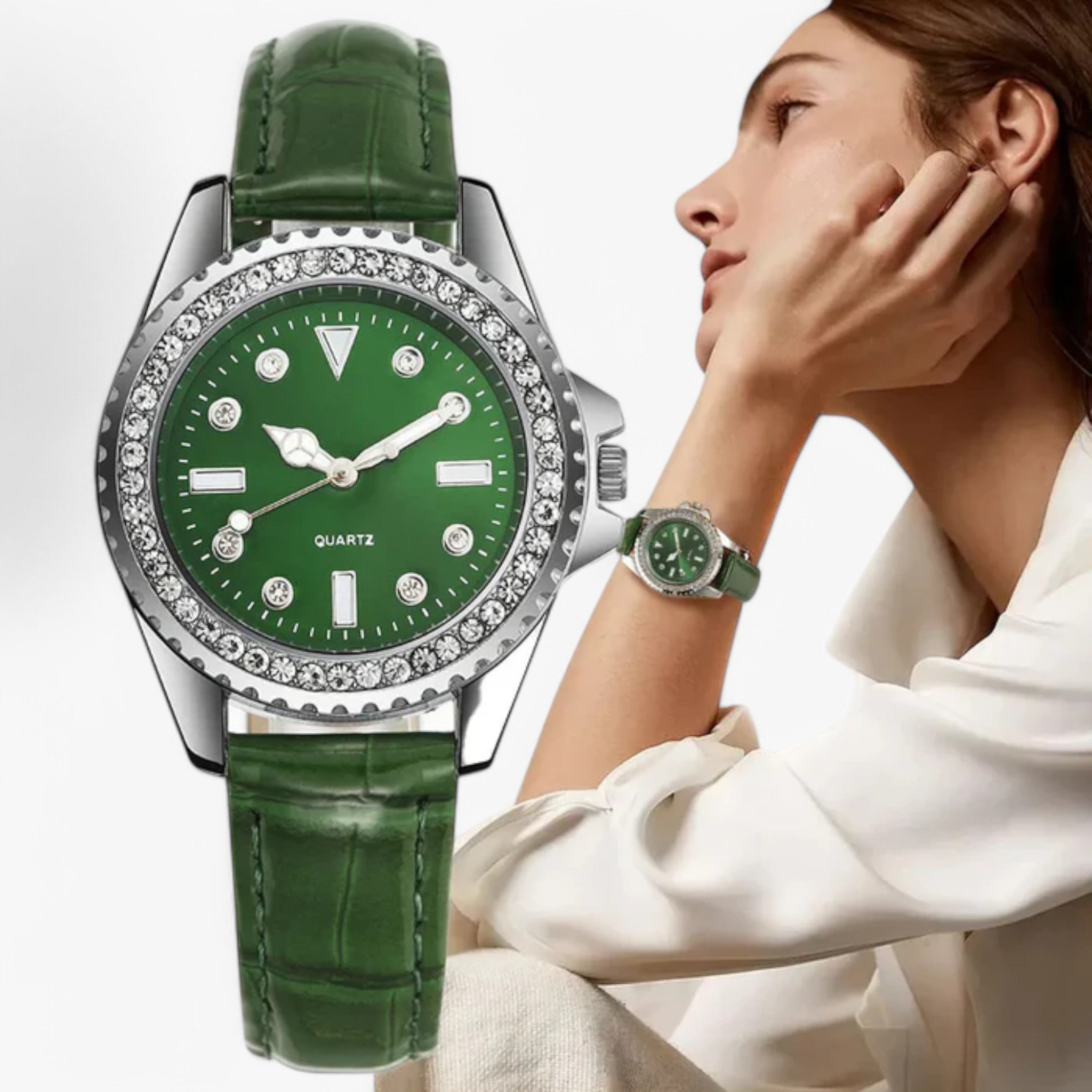 Gemma | Grønt læderur med funklende diamanter - - watches - {{ product_tags }