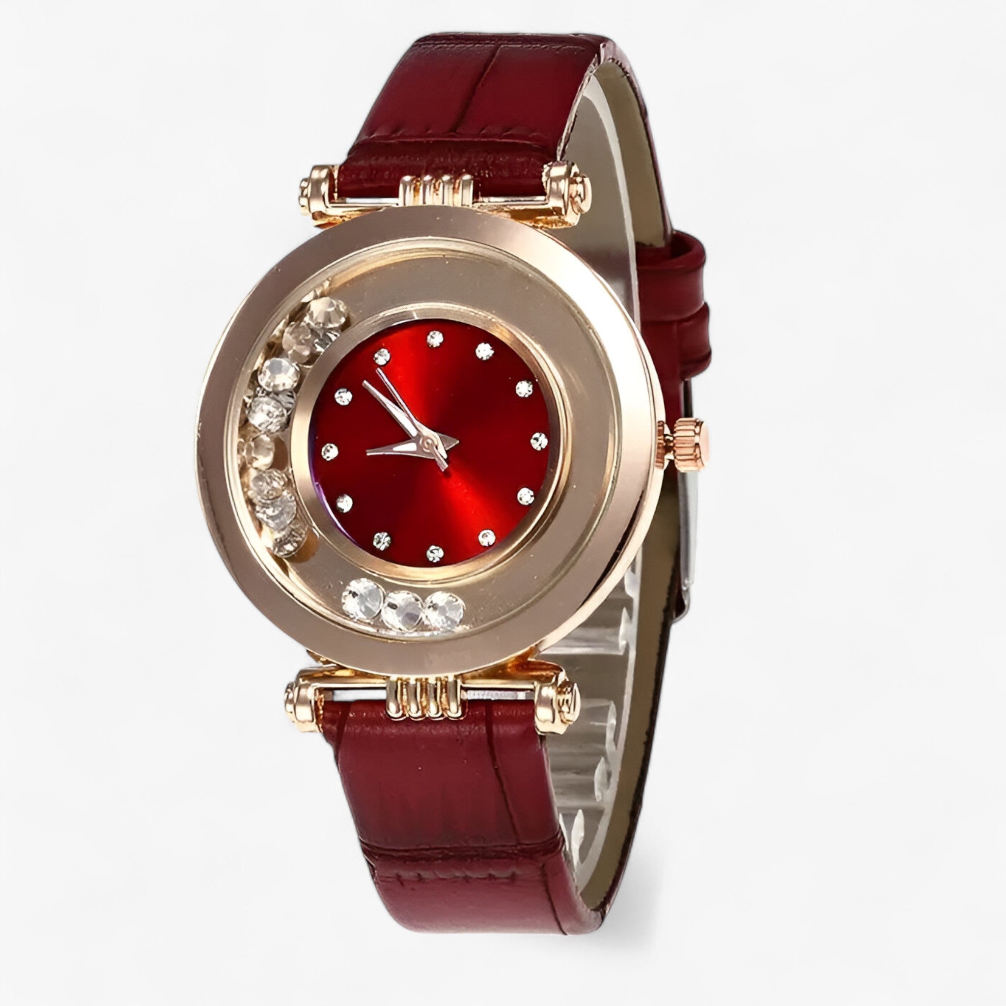 Bozena | Elegant dameur med læderrem og rhinstensspænde - Rød - watches - {{ product_tags }