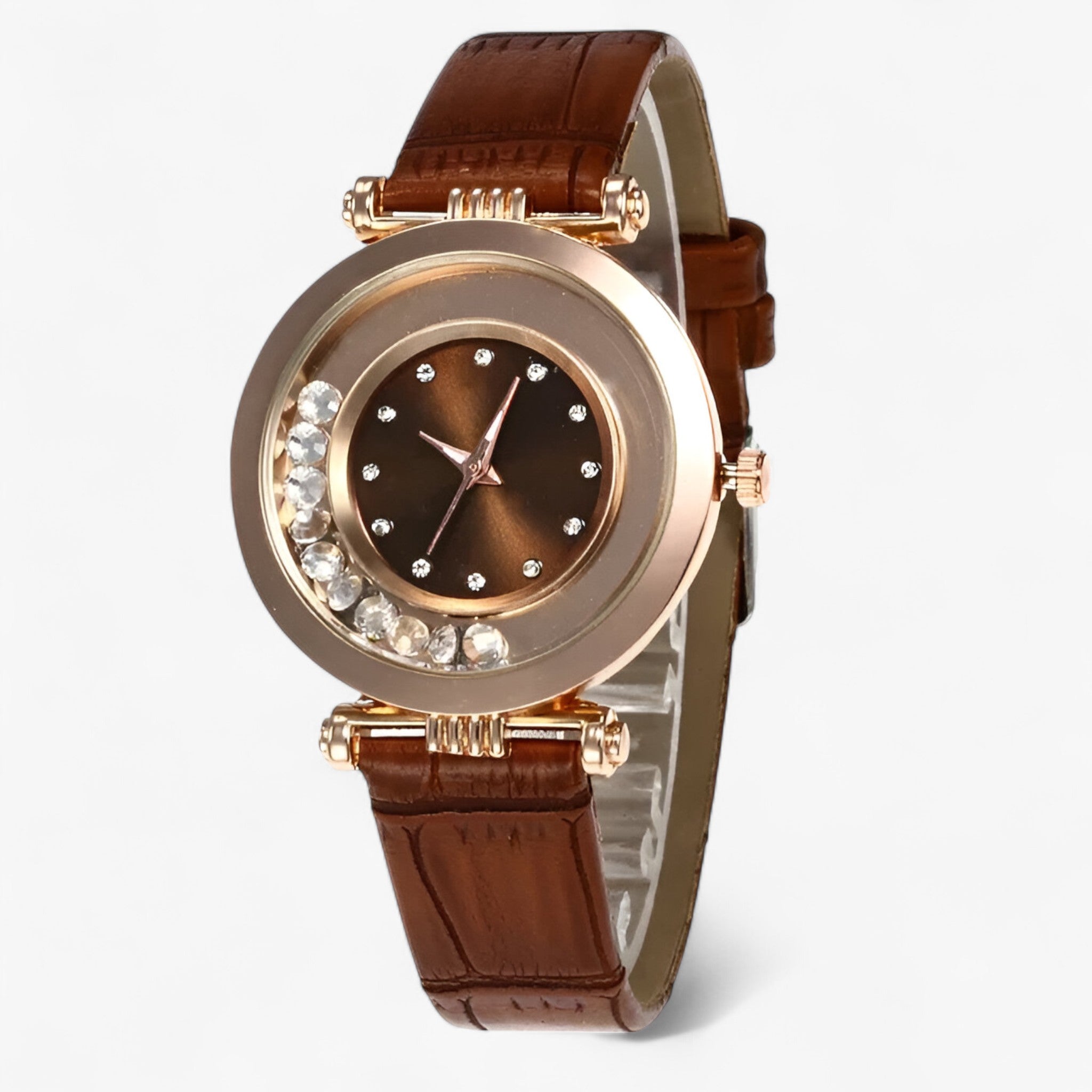 Bozena | Elegant dameur med læderrem og rhinstensspænde - Brun - watches - {{ product_tags }