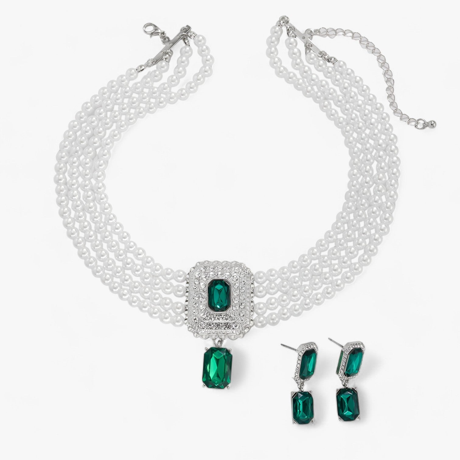 Rebecca | Lacteo Retro Elegance: Flerlaget perle-smykkesæt til damer - grøn sølv farve - women's fashion - {{ product_tags }