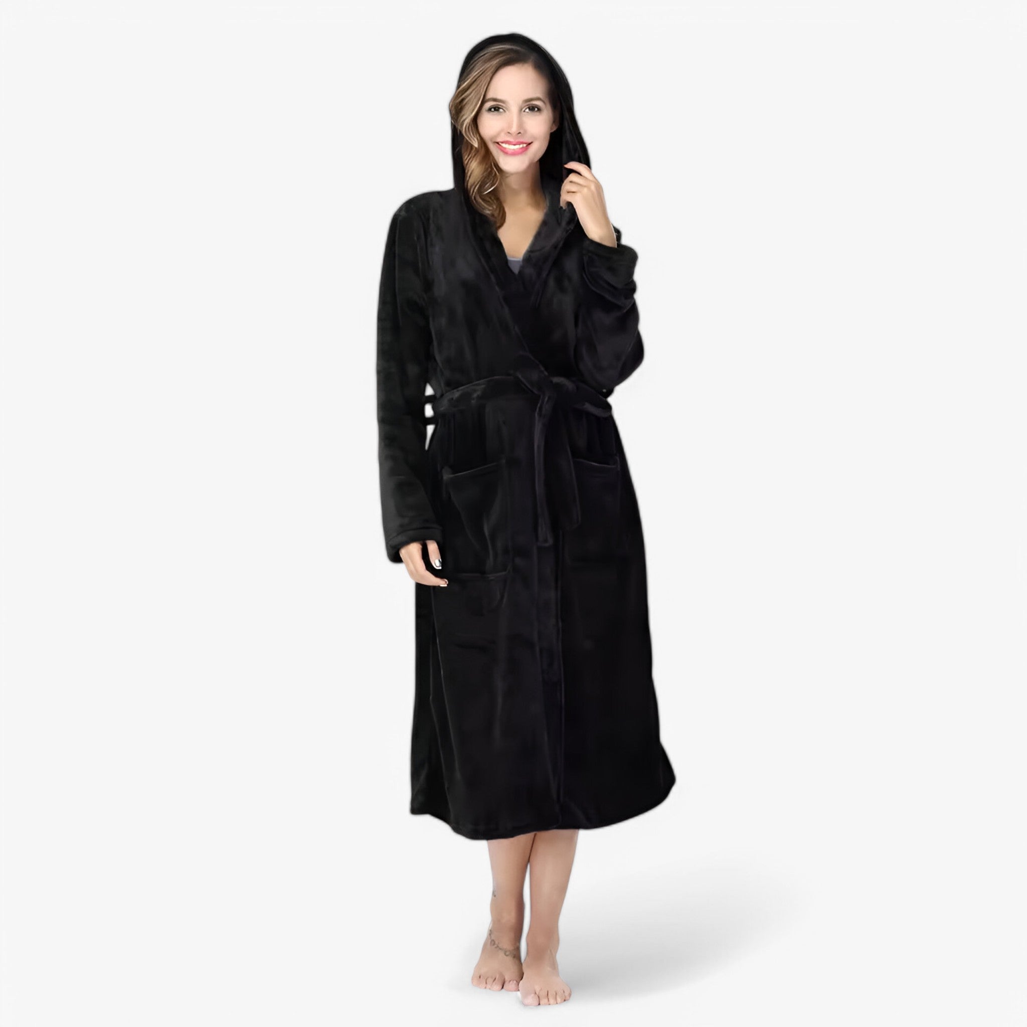 Amalie | Blød og Varm Fleece Badekåbe - Sort - Amalie | Blød og Varm Fleece Badekåbe- €25 - {{ product_tags }