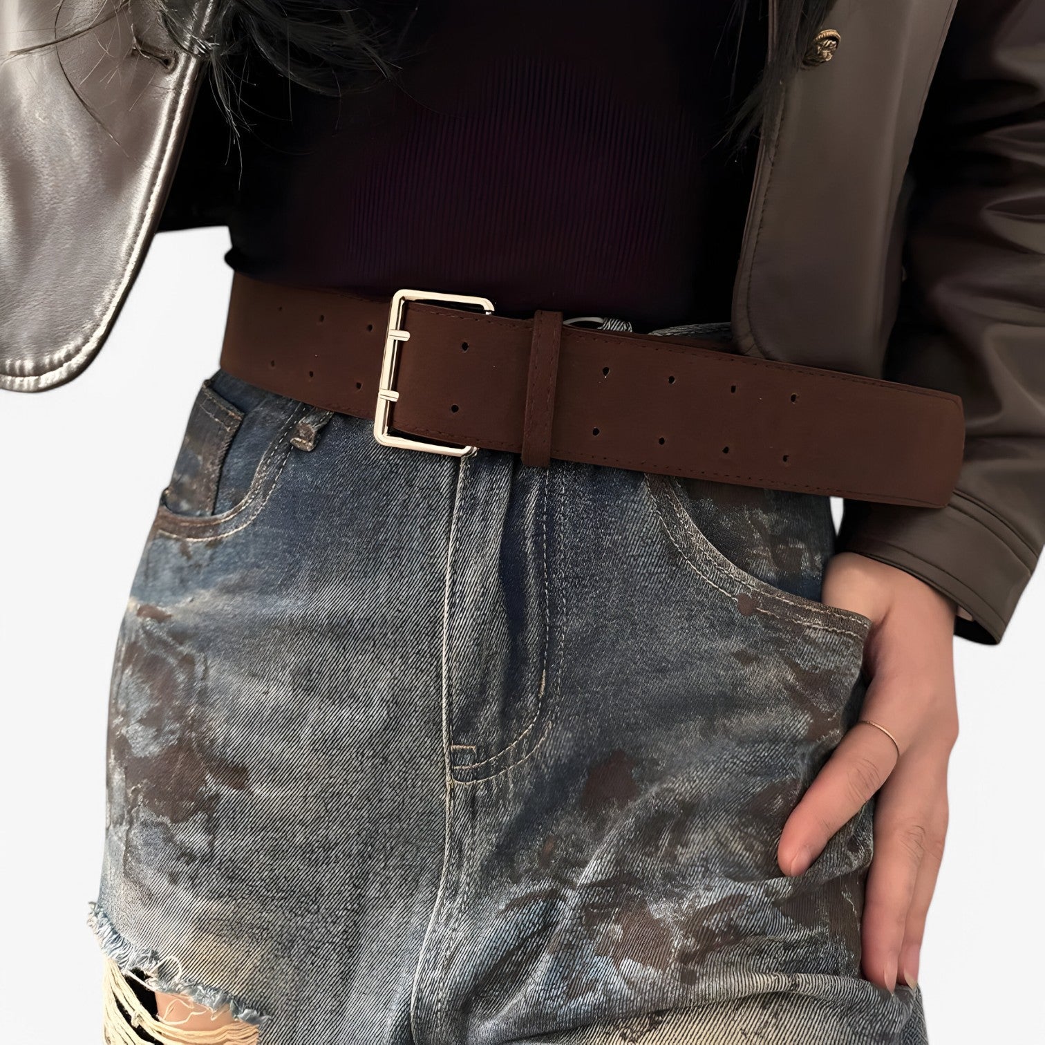 Rachel| Luksus Bred Suede Rem med Sølvspænde - Kaffe - women's fashion - {{ product_tags }