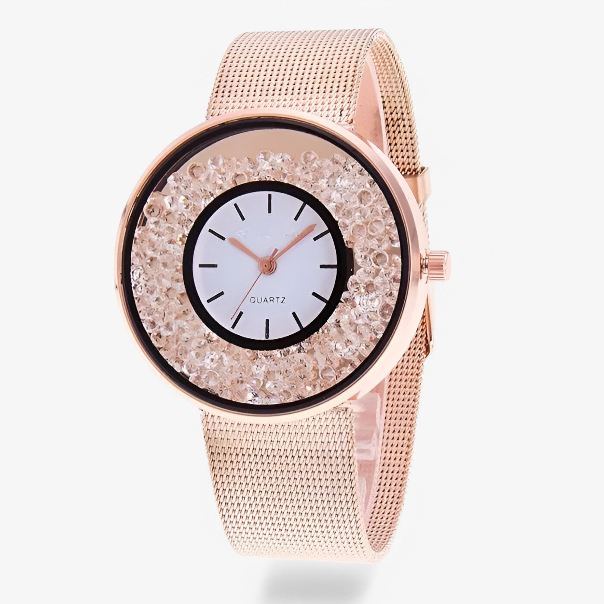 Amber | Dameur med guldfarvet mesh-rem og glitrende urskive med strass - rosa guld - watches - {{ product_tags }