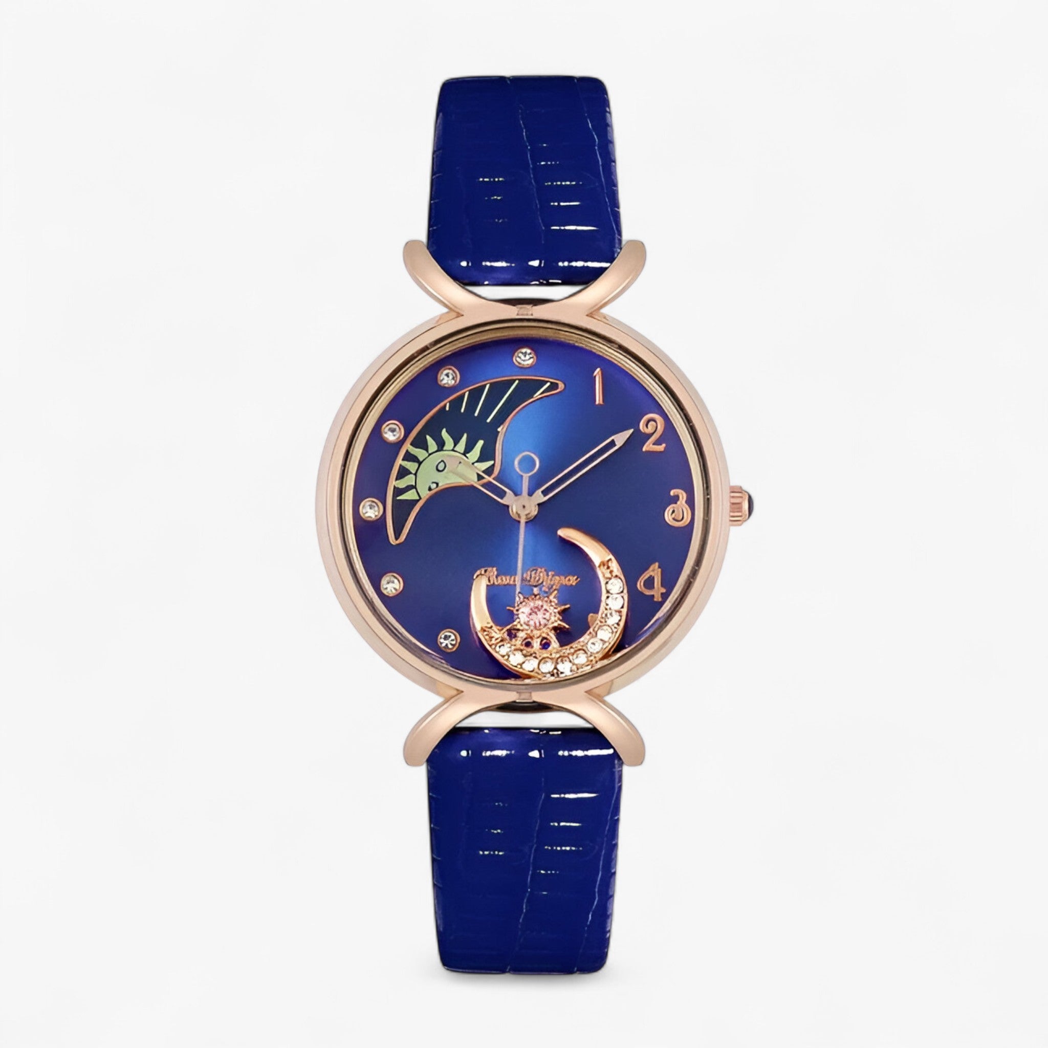 Lucia | Luksus dame quartz ur med læderrem og moving moon - Blå - watches - {{ product_tags }