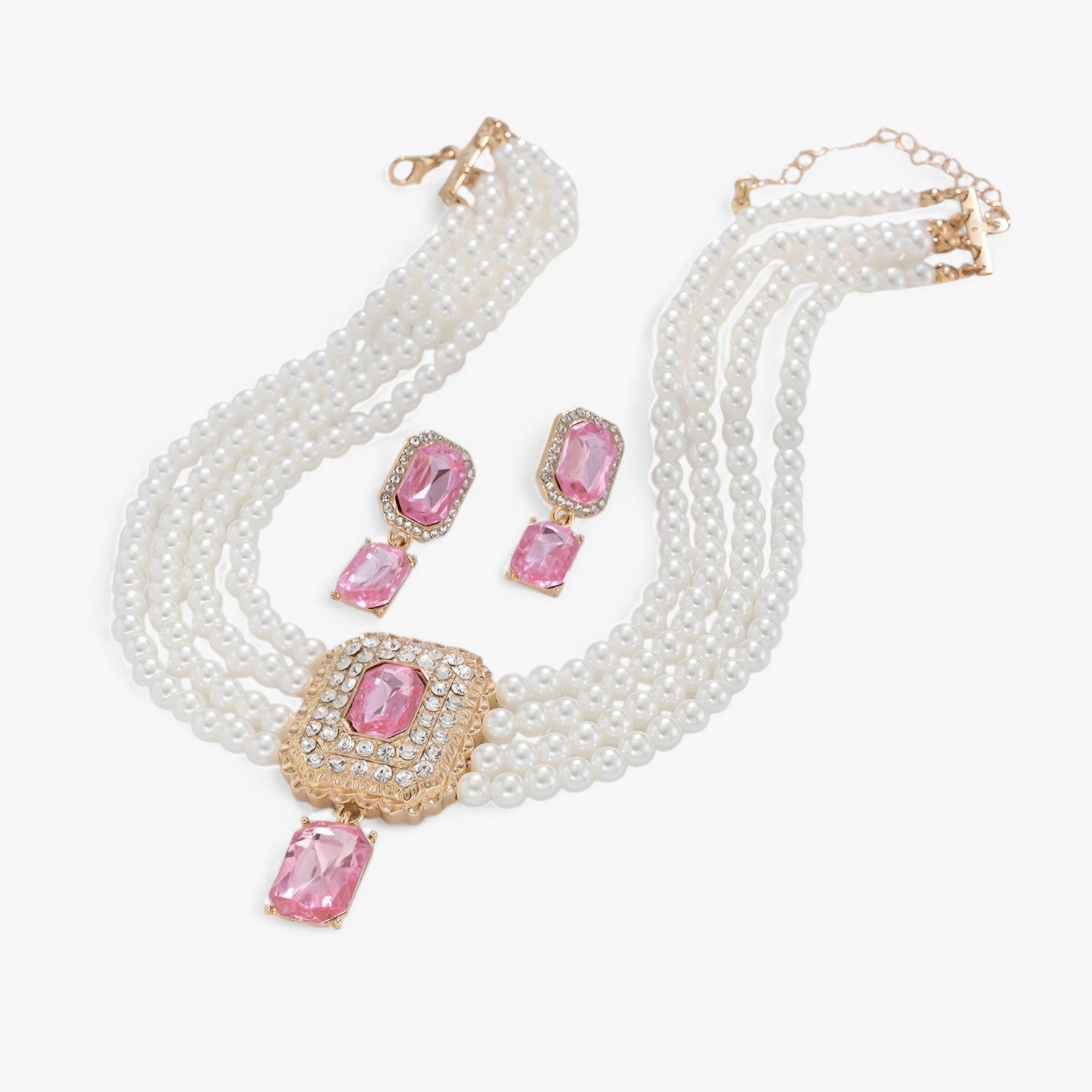 Rebecca | Lacteo Retro Elegance: Flerlaget perle-smykkesæt til damer - pink guld farve - women's fashion - {{ product_tags }