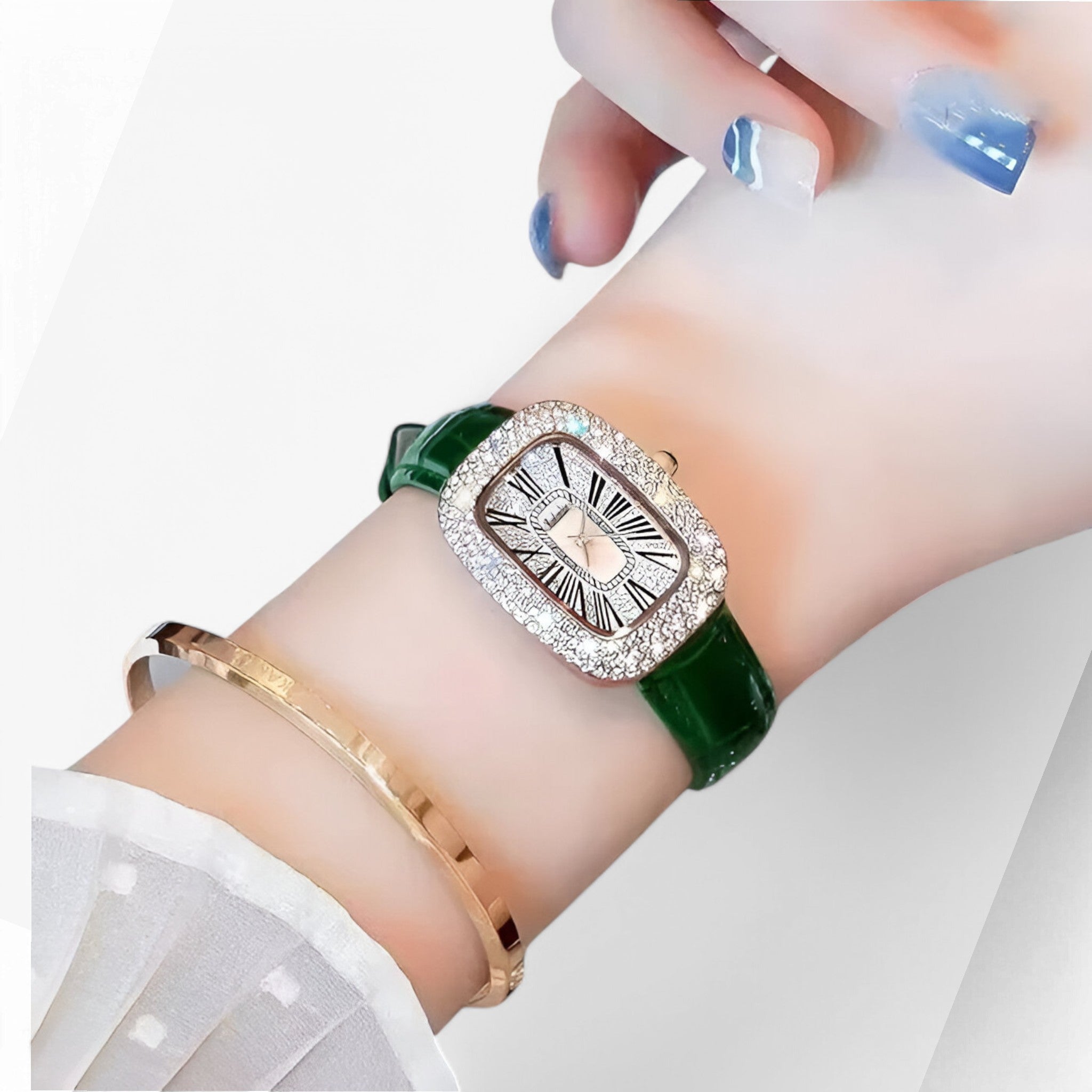 Renée | Elegant grønt læder dameur med dekorative nitter - - watches - {{ product_tags }