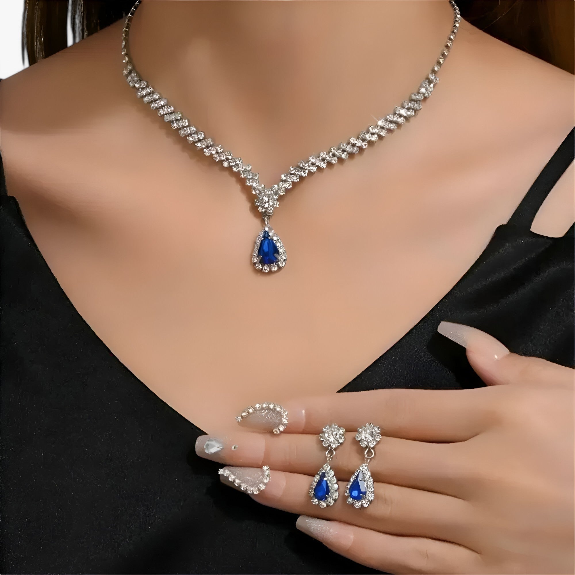 Amanda | Elegant vielsesæt 2 dele - dråpehæng og øreringe - Konge blå - women's fashion - {{ product_tags }