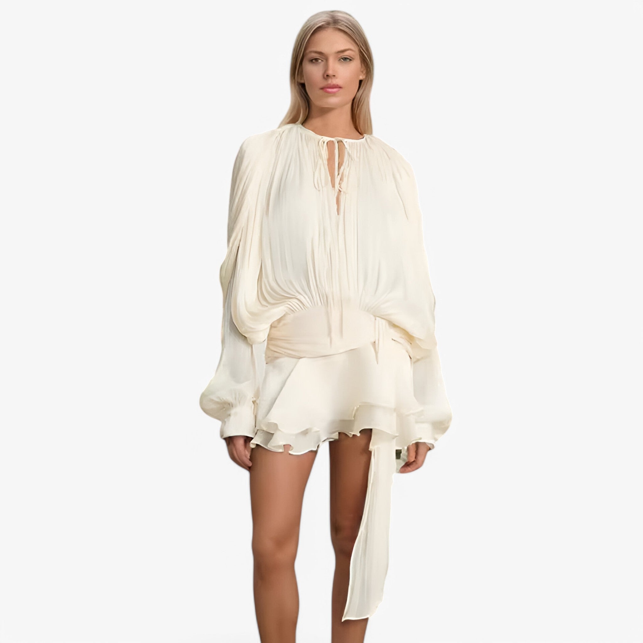 Alessia | Elegant kjole med flæser og lanterneærmer - Abrikos - women's fashion - {{ product_tags }