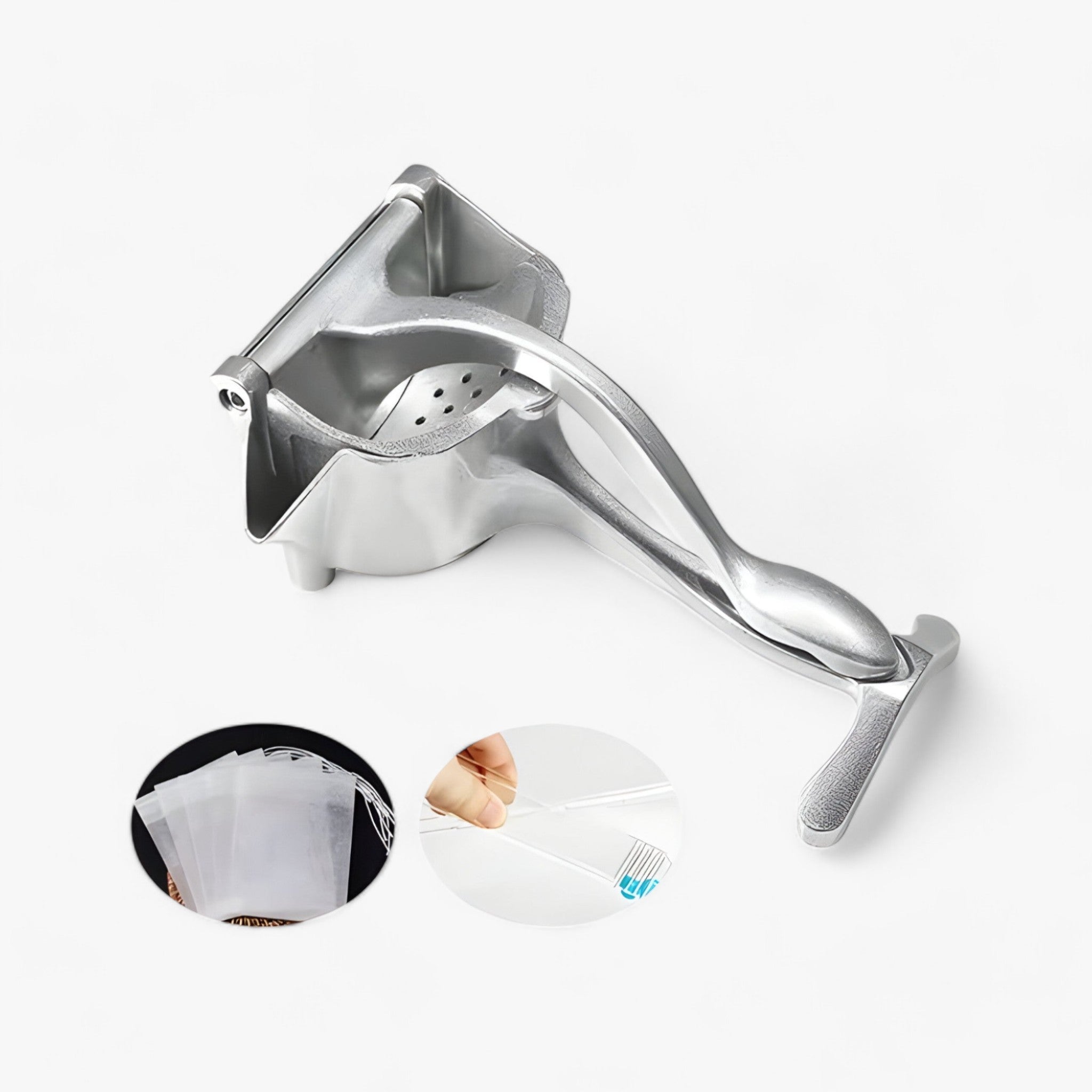 CitrusPro | Sæt Citruspresser - Manuel presse lavet af aluminiumlegering til citrusfrugter og granatæbler - Citruspresse med boks og 50 filterposer og 1 par tænger - house & garden - {{ product_tags }