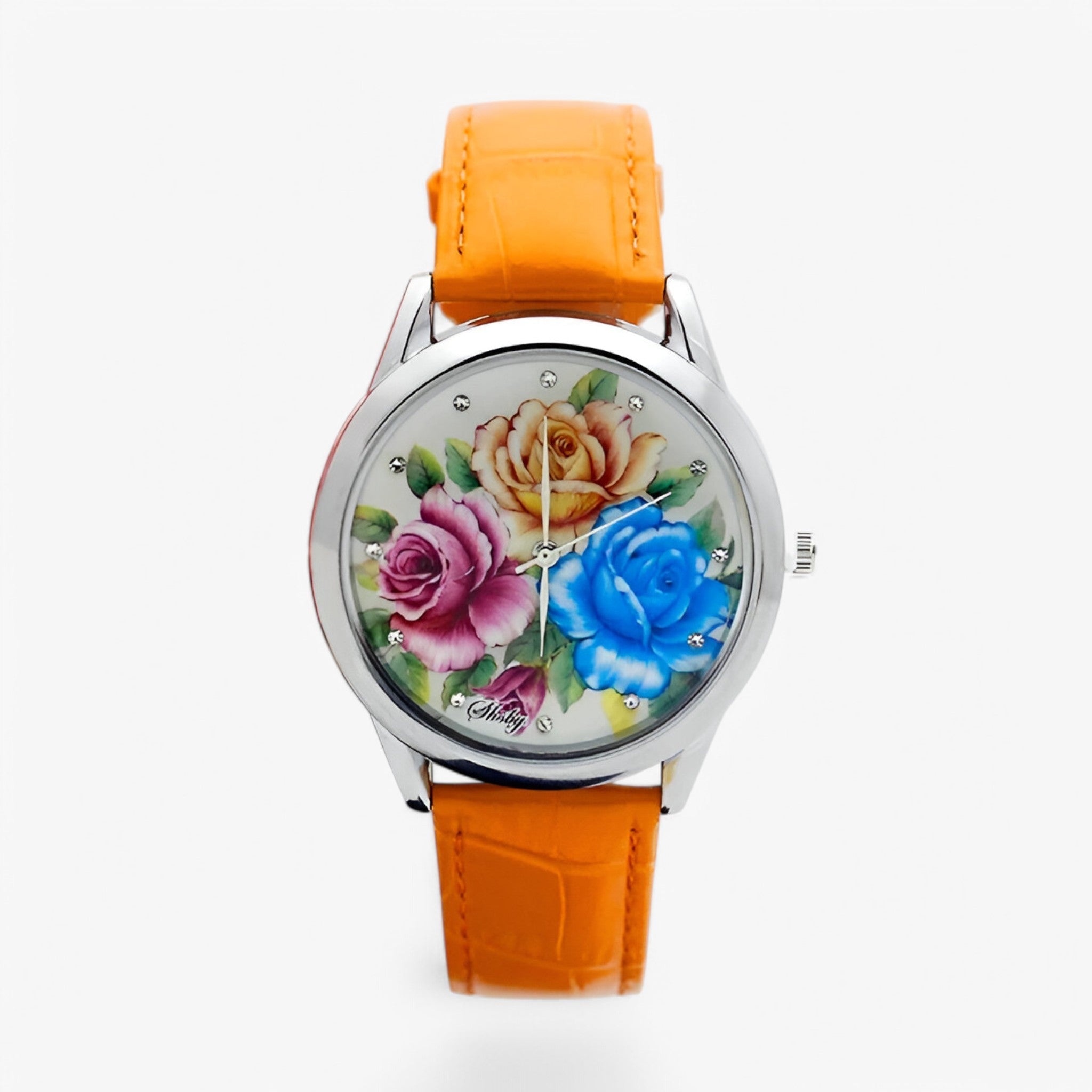Kaia | Dameur med læderrem og elegant blomster urskive - orange - Kaia | Dameur med læderrem og elegant blomster urskive- €25 - {{ product_tags }