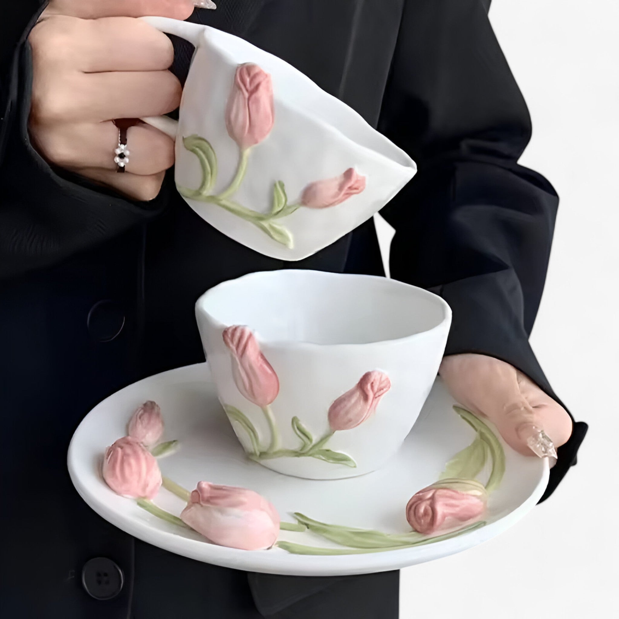 Florina | Kreativ Tulip Keramisk Kaffekop med Underkop - Lyserød sæt 260-310ML - Florina | Kreativ Tulip Keramisk Kaffekop med Underkop- €25 - {{ product_tags }