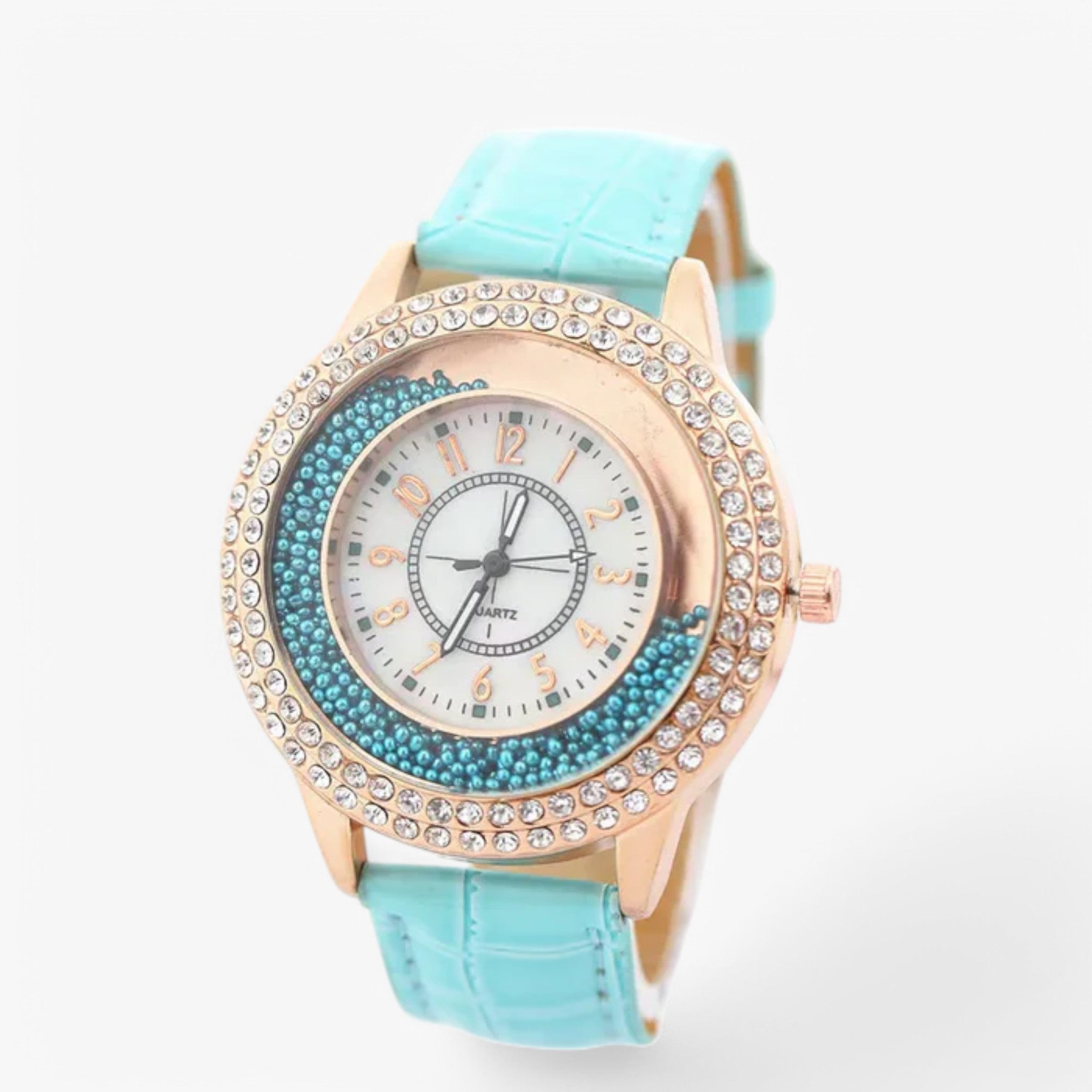 Oliven | Dameur lavet af PU læder med krystalsten og quartz urværk - blå grøn - watches - {{ product_tags }