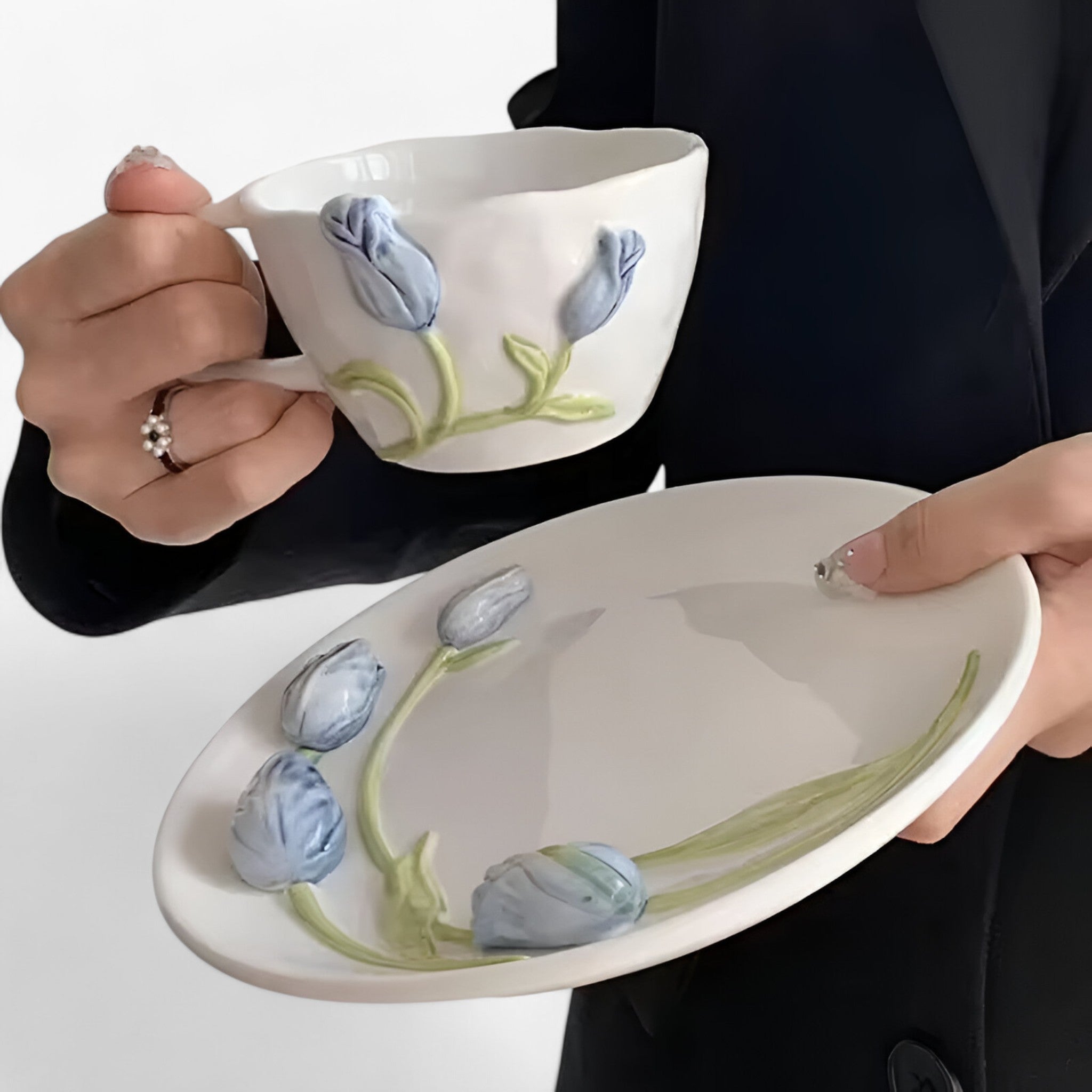 Florina | Kreativ Tulip Keramisk Kaffekop med Underkop - Blå sæt 260-310ML - Florina | Kreativ Tulip Keramisk Kaffekop med Underkop- €25 - {{ product_tags }