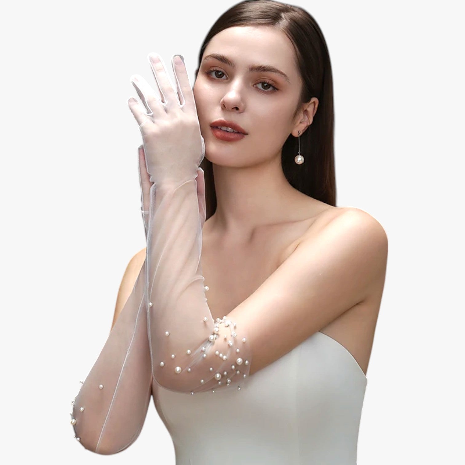 Vivian | Elegante brudesatinshandsker i tyl med fint perlebroderi Lang og let - Bianco-Lungo - Vivian | Elegante brudesatinshandsker i tyl med fint perlebroderi Lang og let - €25 - {{ product_tags }