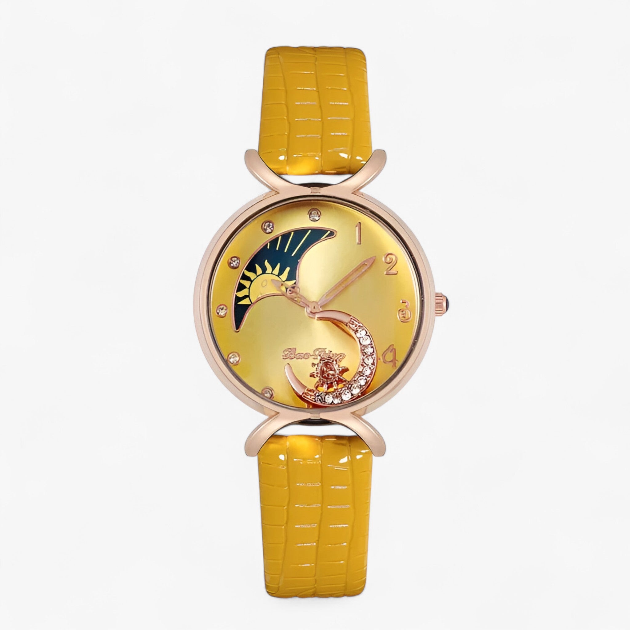 Lucia | Luksus dame quartz ur med læderrem og moving moon - Gul - watches - {{ product_tags }