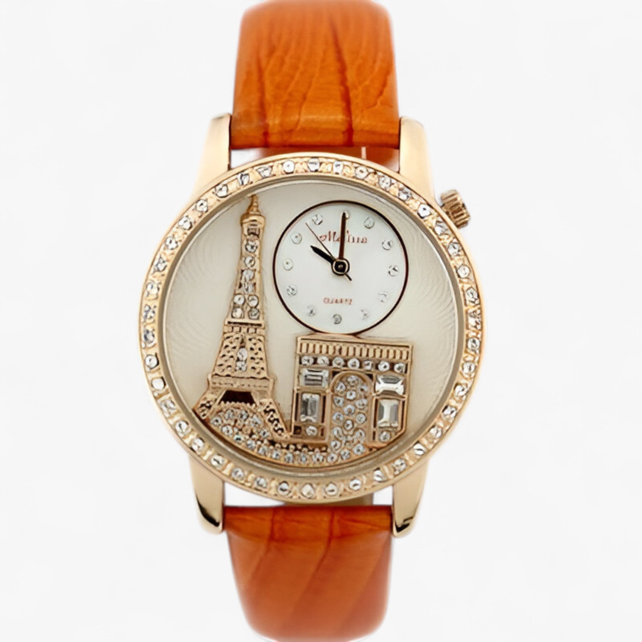 Nessa | Vandtæt kvartsur til kvinder med læderrem og Eiffeltårn - Orange - watches - {{ product_tags }