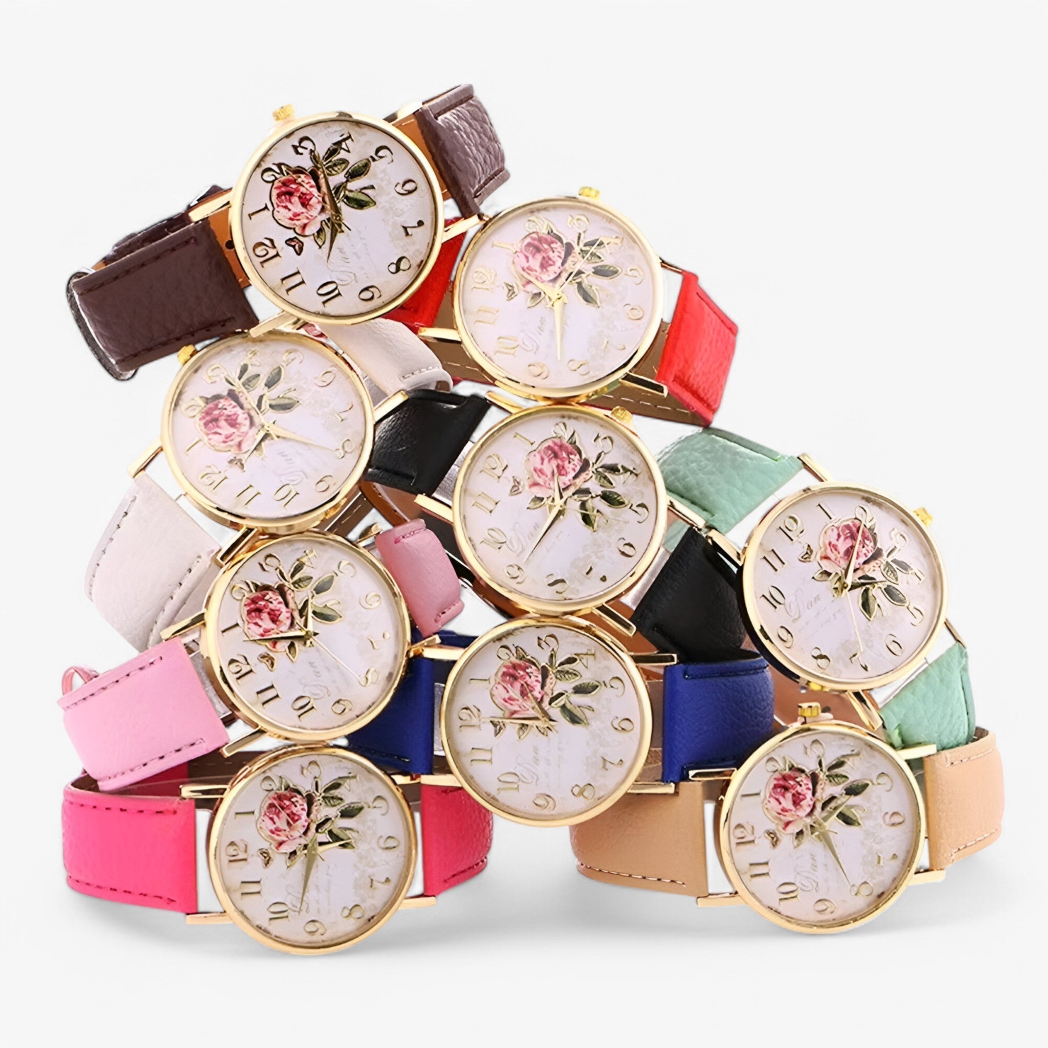 Lara | Elegant ur med pink blomst og imiteret læderrem - - watches - {{ product_tags }