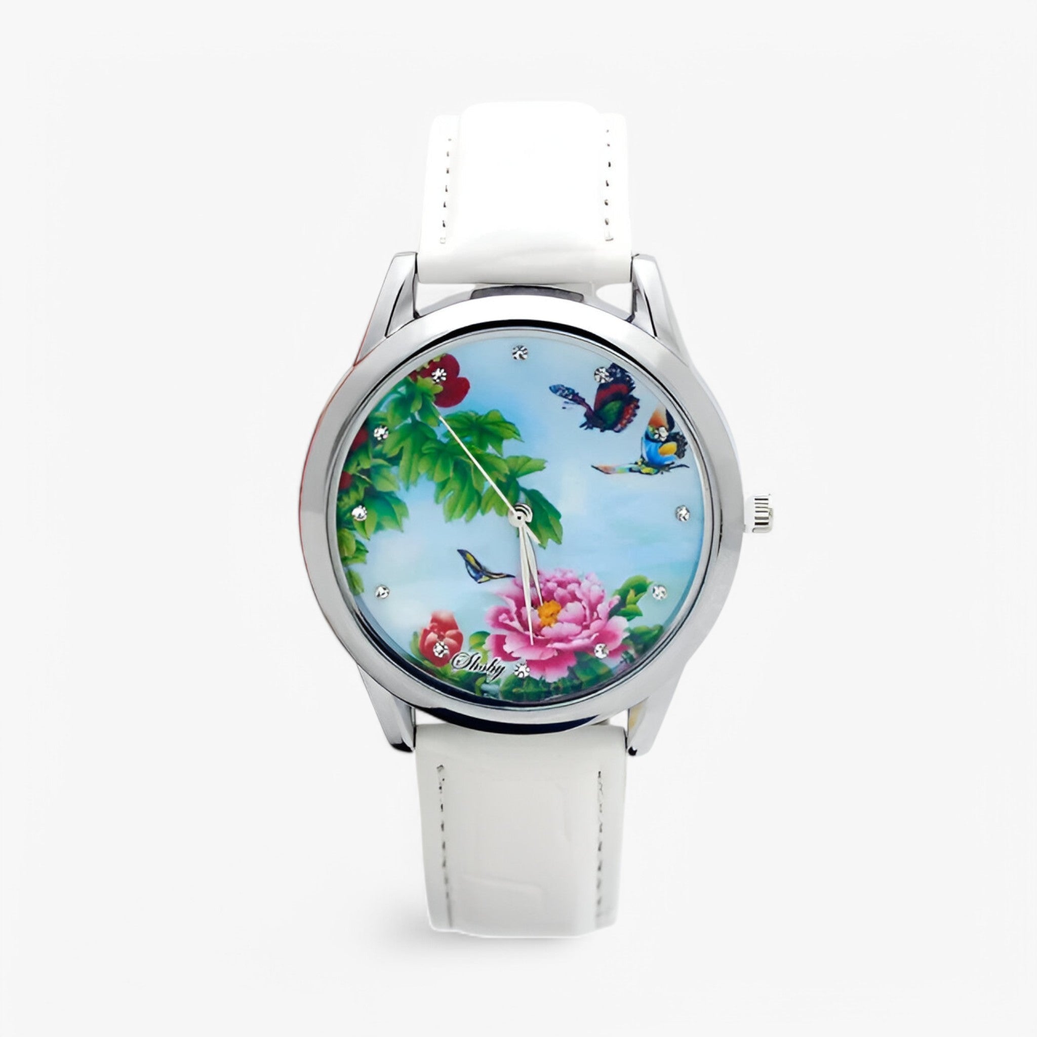 Kaia | Dameur med læderrem og elegant blomster urskive - hvid - Kaia | Dameur med læderrem og elegant blomster urskive- €25 - {{ product_tags }
