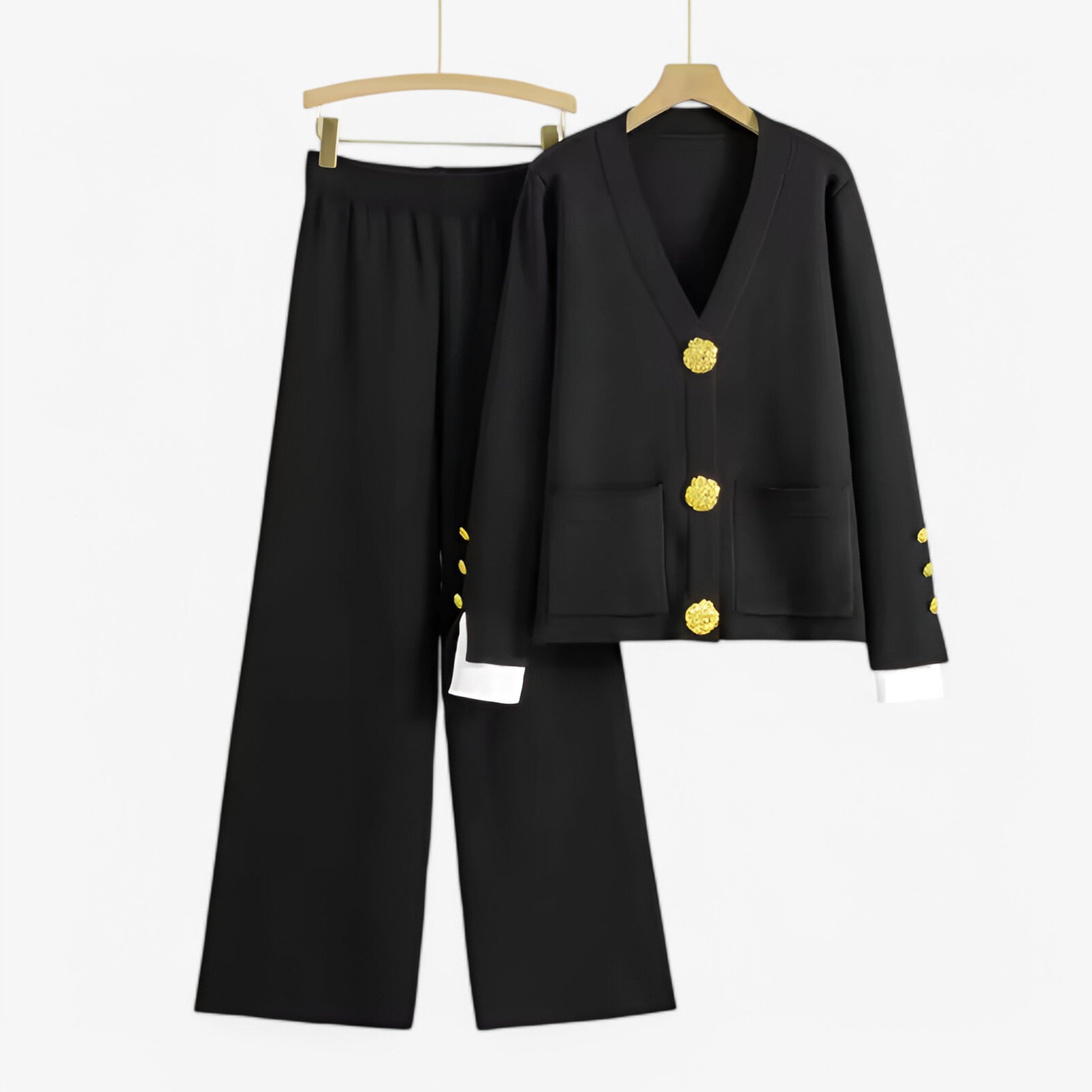 Elena | Strikket todelt sæt med cardigan og bukser - Sort En størrelse passer alle - women's fashion - {{ product_tags }