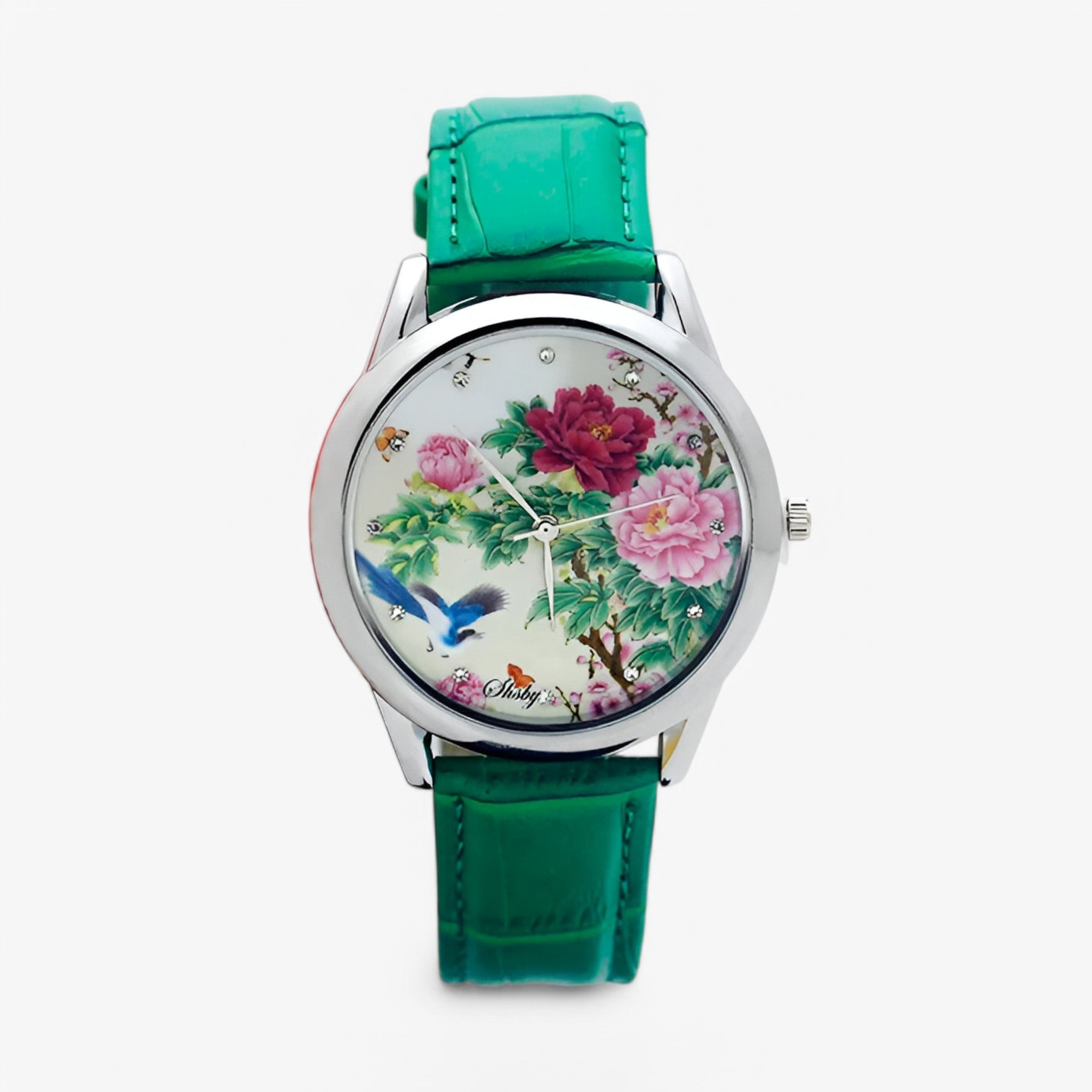 Kaia | Dameur med læderrem og elegant blomster urskive - grøn - Kaia | Dameur med læderrem og elegant blomster urskive- €25 - {{ product_tags }