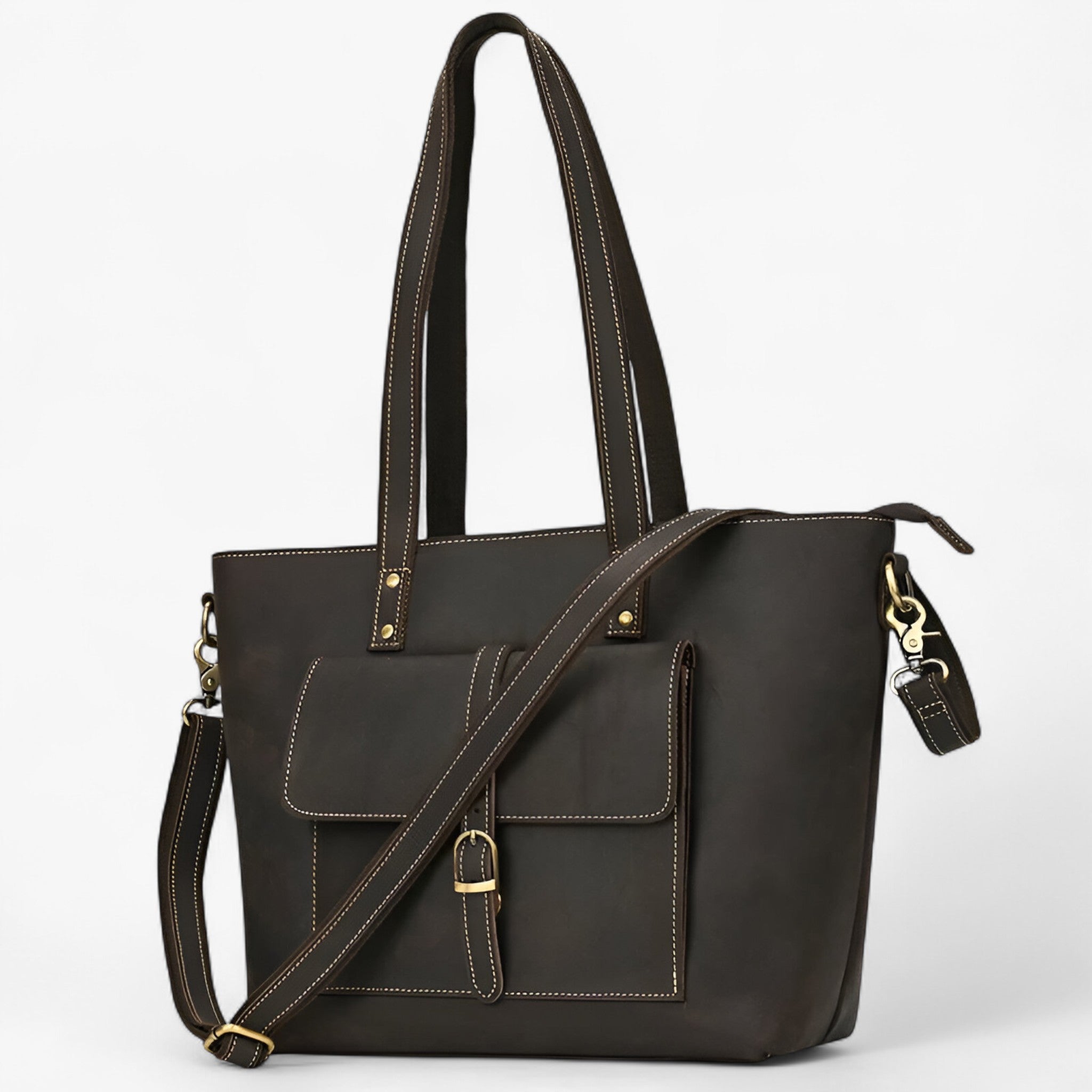 Elegant Echte Læder Tote Taske til Kvinder – Rummelig & Letvægtsdesign - Mørkebrun 2 - bags - {{ product_tags }