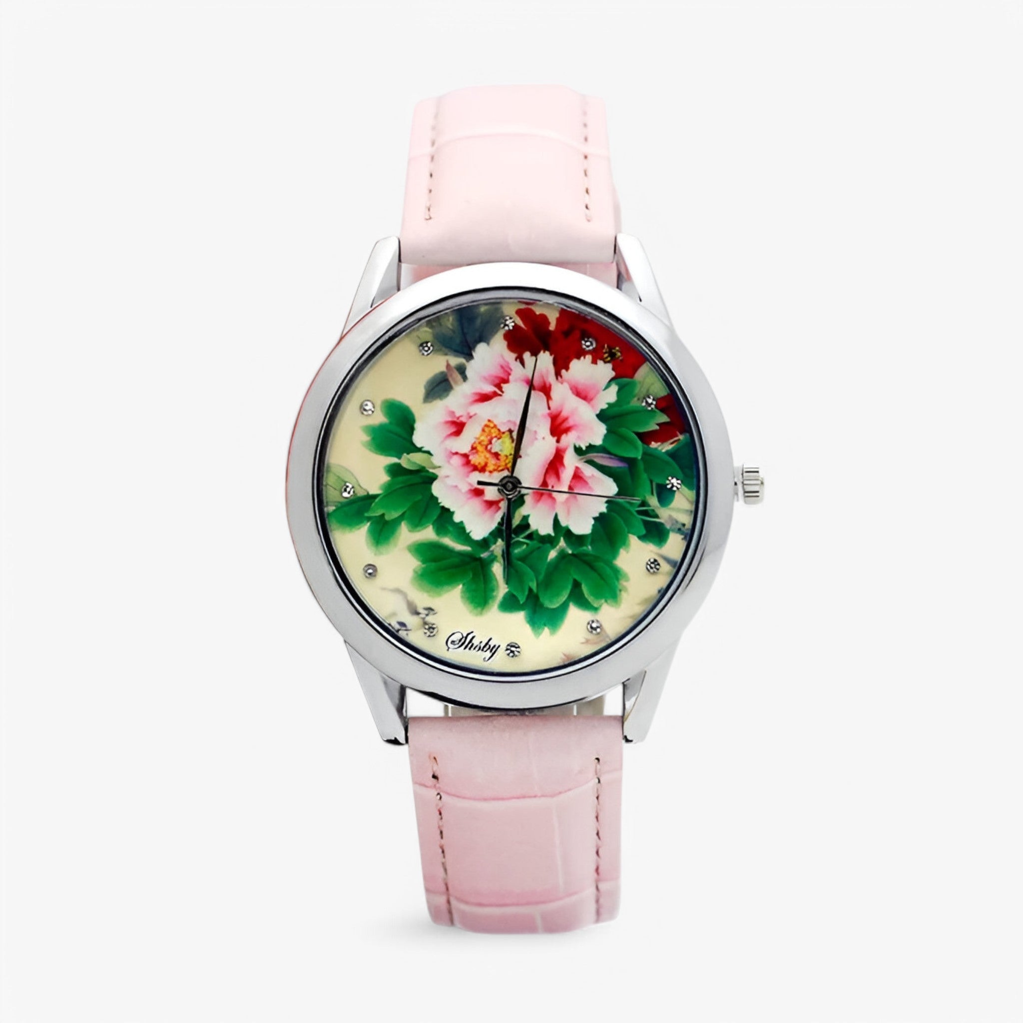 Kaia | Dameur med læderrem og elegant blomster urskive - lyserød - Kaia | Dameur med læderrem og elegant blomster urskive- €25 - {{ product_tags }