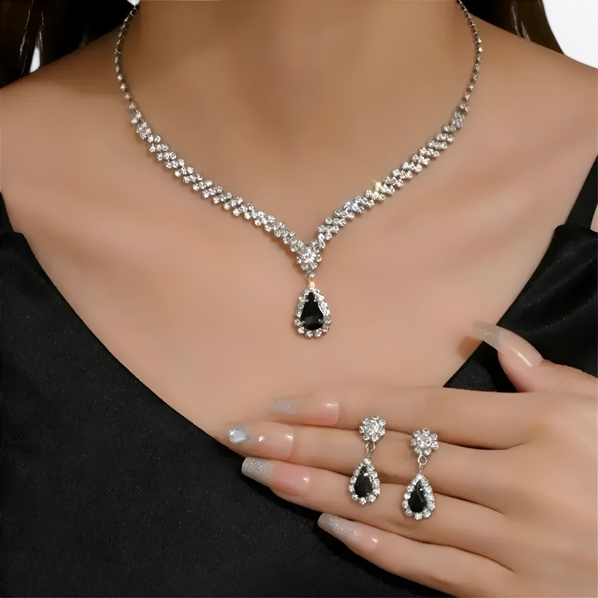 Amanda | Elegant vielsesæt 2 dele - dråpehæng og øreringe - Sort 2 - women's fashion - {{ product_tags }