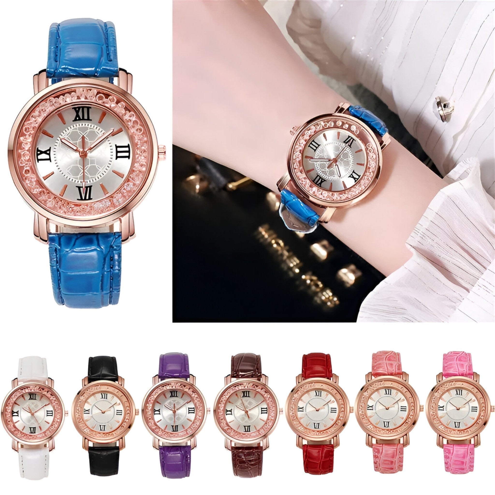 Vera | Dameur i læder med glitrende urskive med strass - - watches - {{ product_tags }