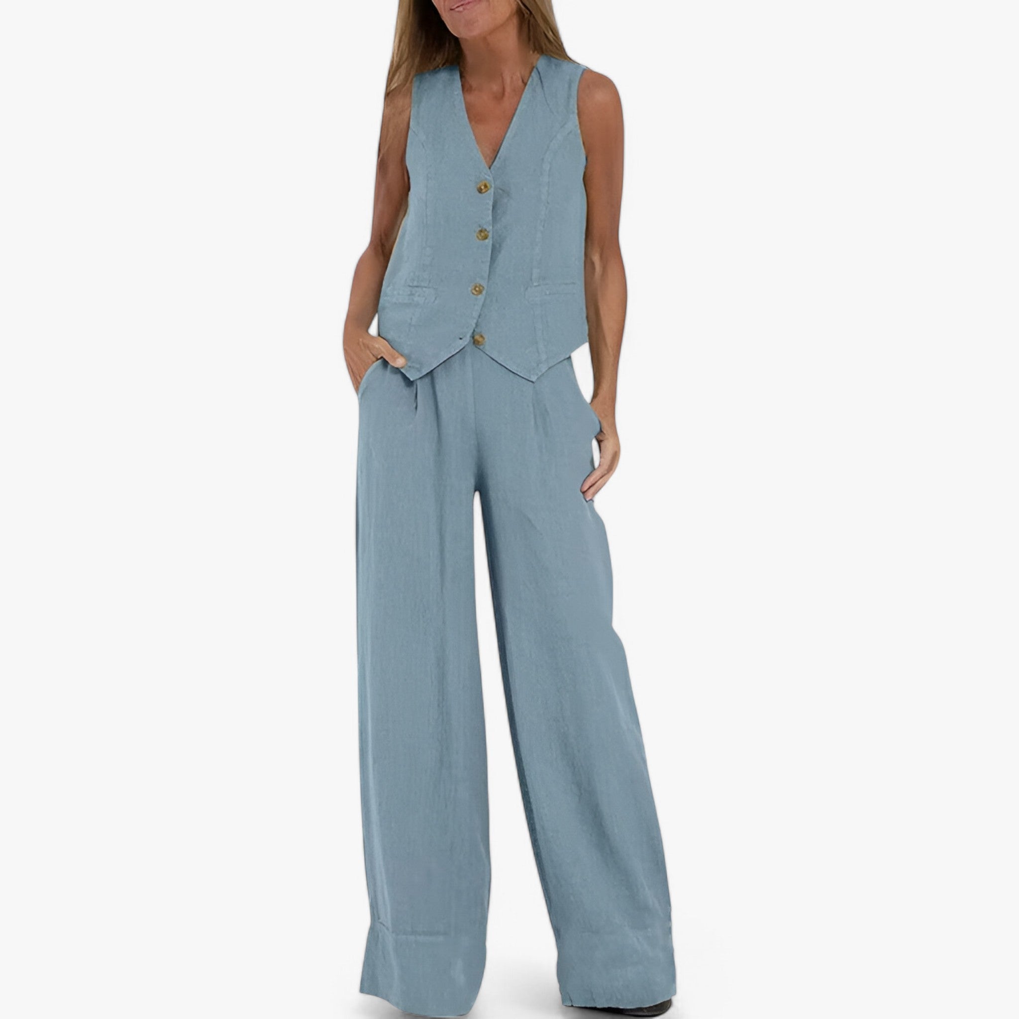 Lina | Ærmeløs vest (med gratis koordinerede bukser) - Azzurro - women's fashion - {{ product_tags }