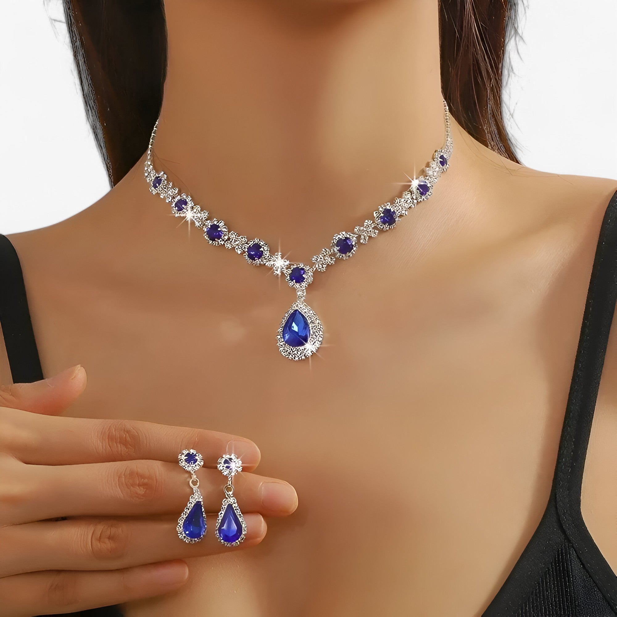 Amanda | Elegant vielsesæt 2 dele - dråpehæng og øreringe - Blå 2 - women's fashion - {{ product_tags }