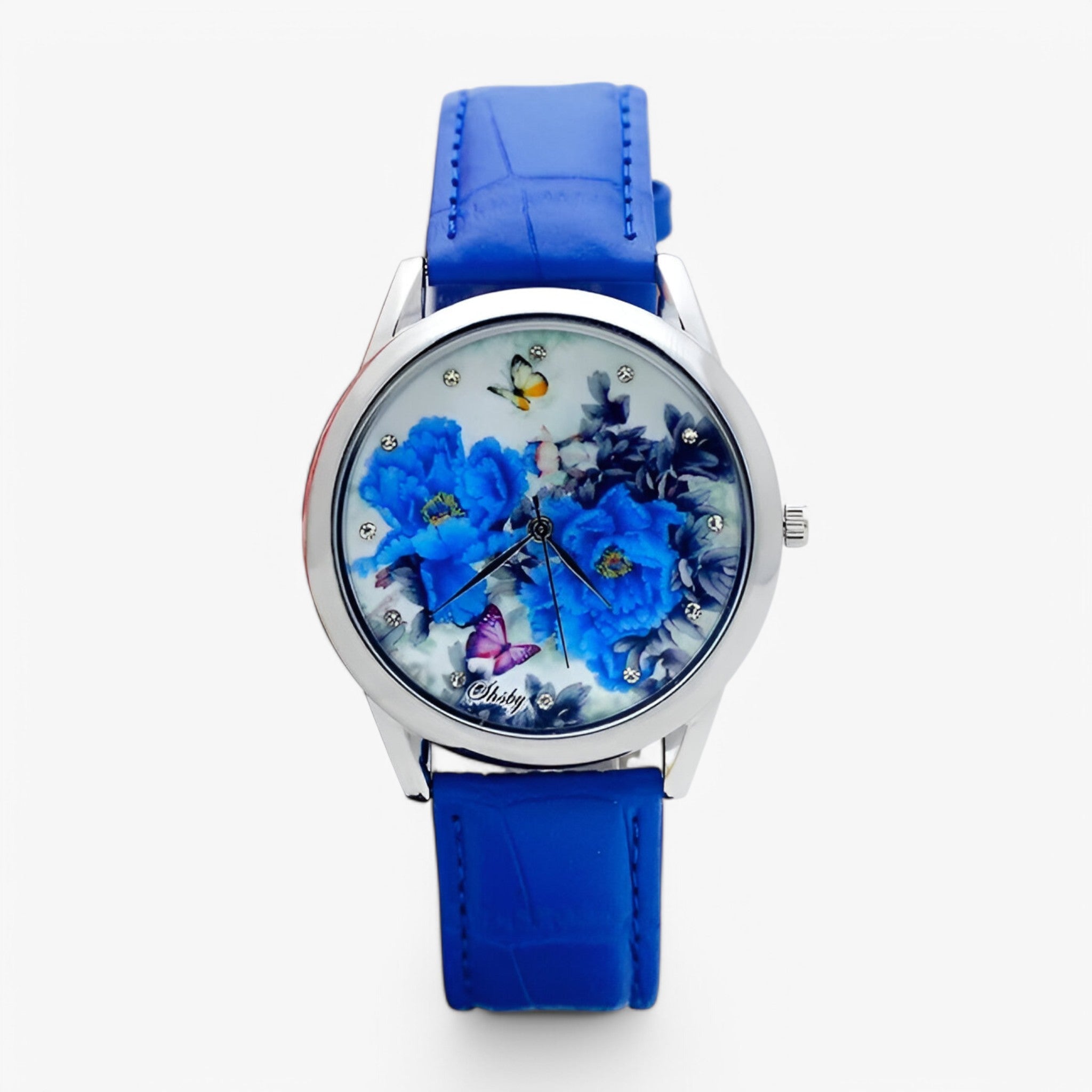 Kaia | Dameur med læderrem og elegant blomster urskive - blå - Kaia | Dameur med læderrem og elegant blomster urskive- €25 - {{ product_tags }