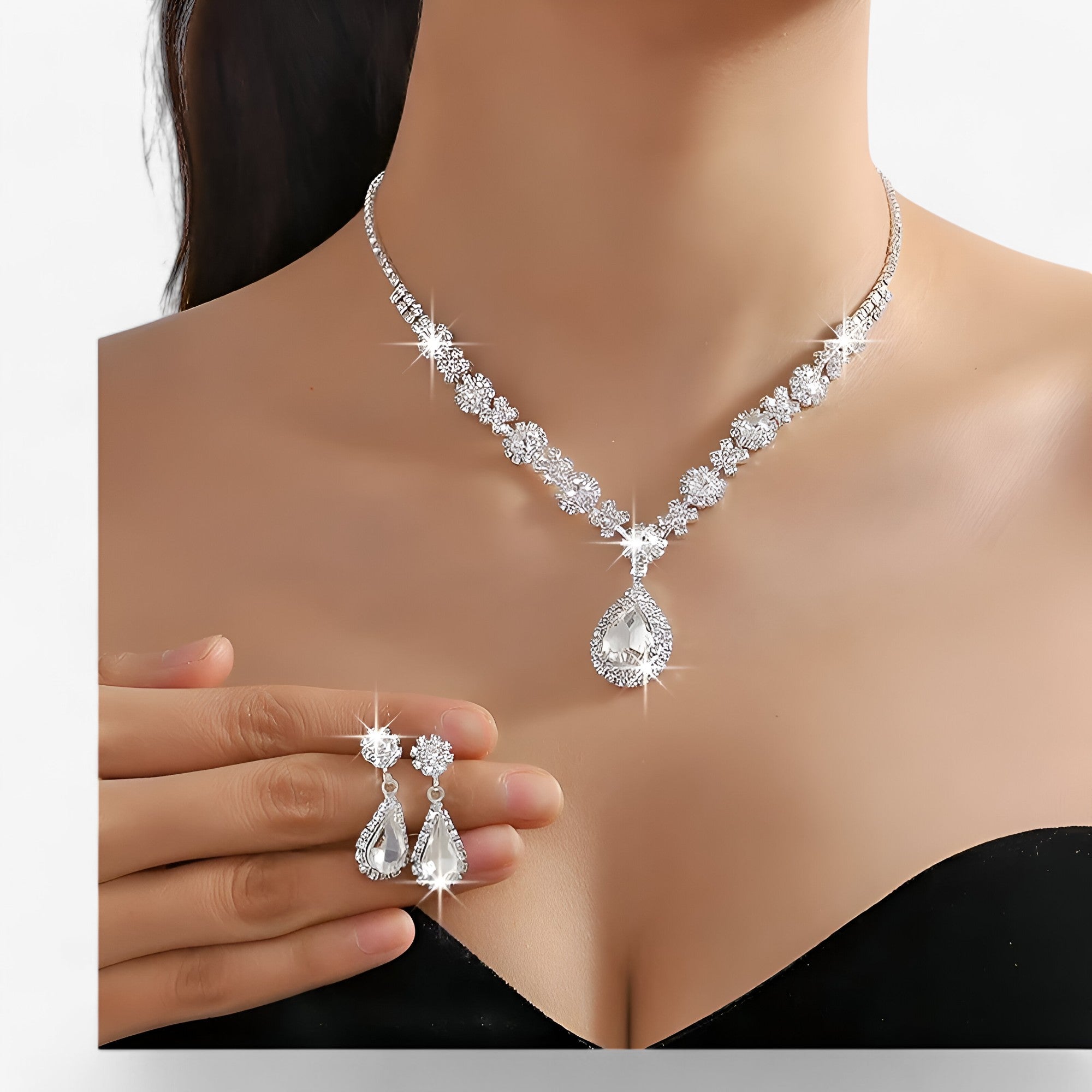 Amanda | Elegant vielsesæt 2 dele - dråpehæng og øreringe - Hvid - women's fashion - {{ product_tags }